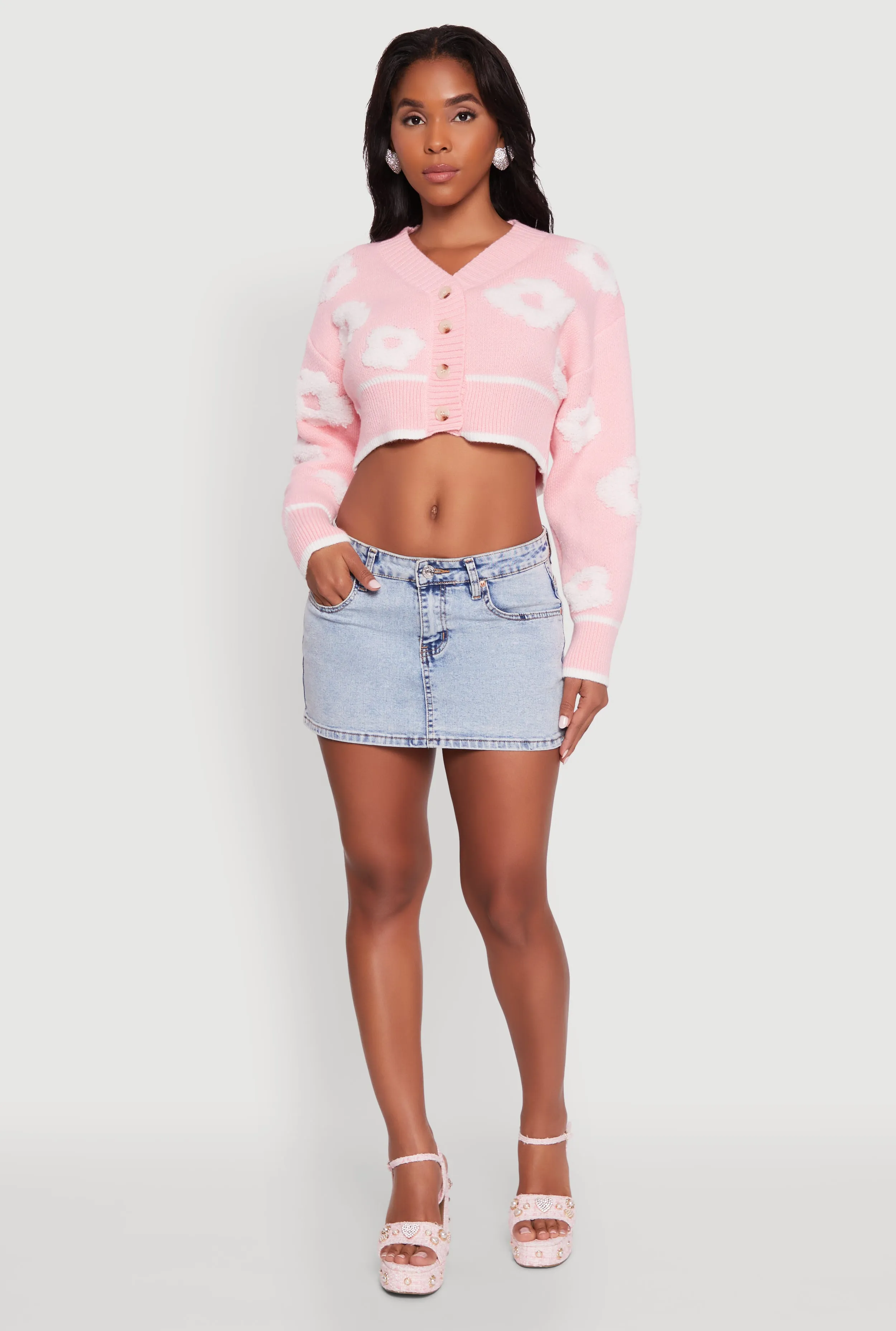 Chenille Floral Brushed Knit Cropped Cardigan sold by Rainbow