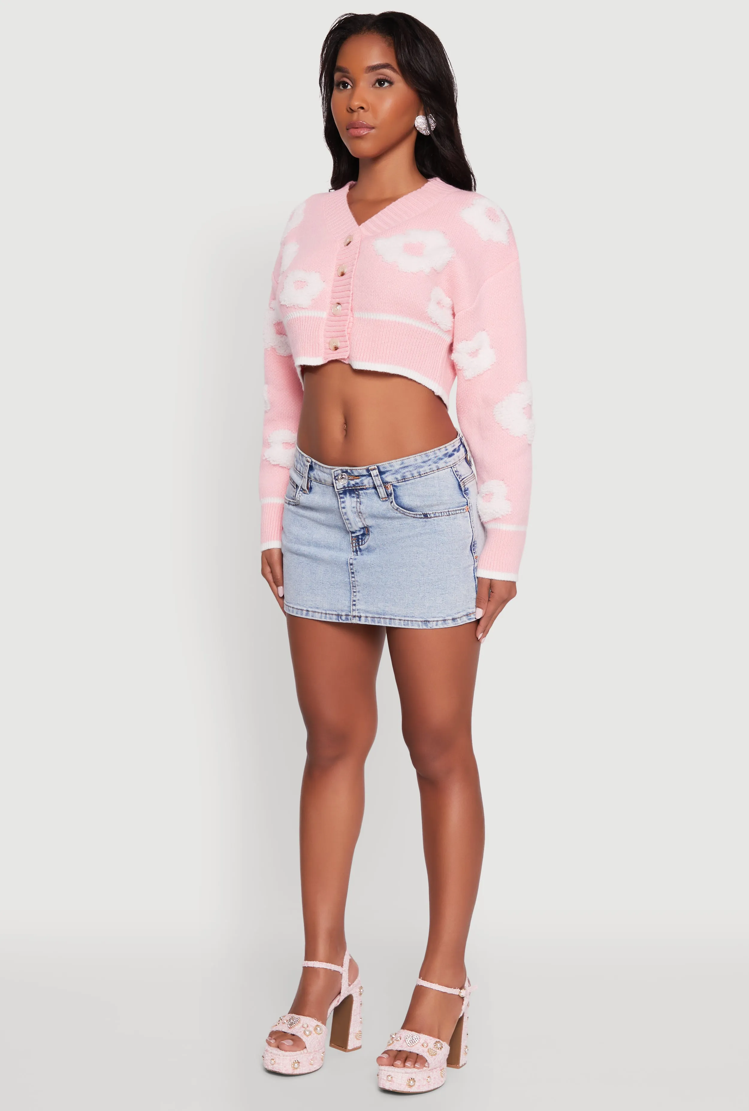 Chenille Floral Brushed Knit Cropped Cardigan sold by Rainbow product image thumbnail 5