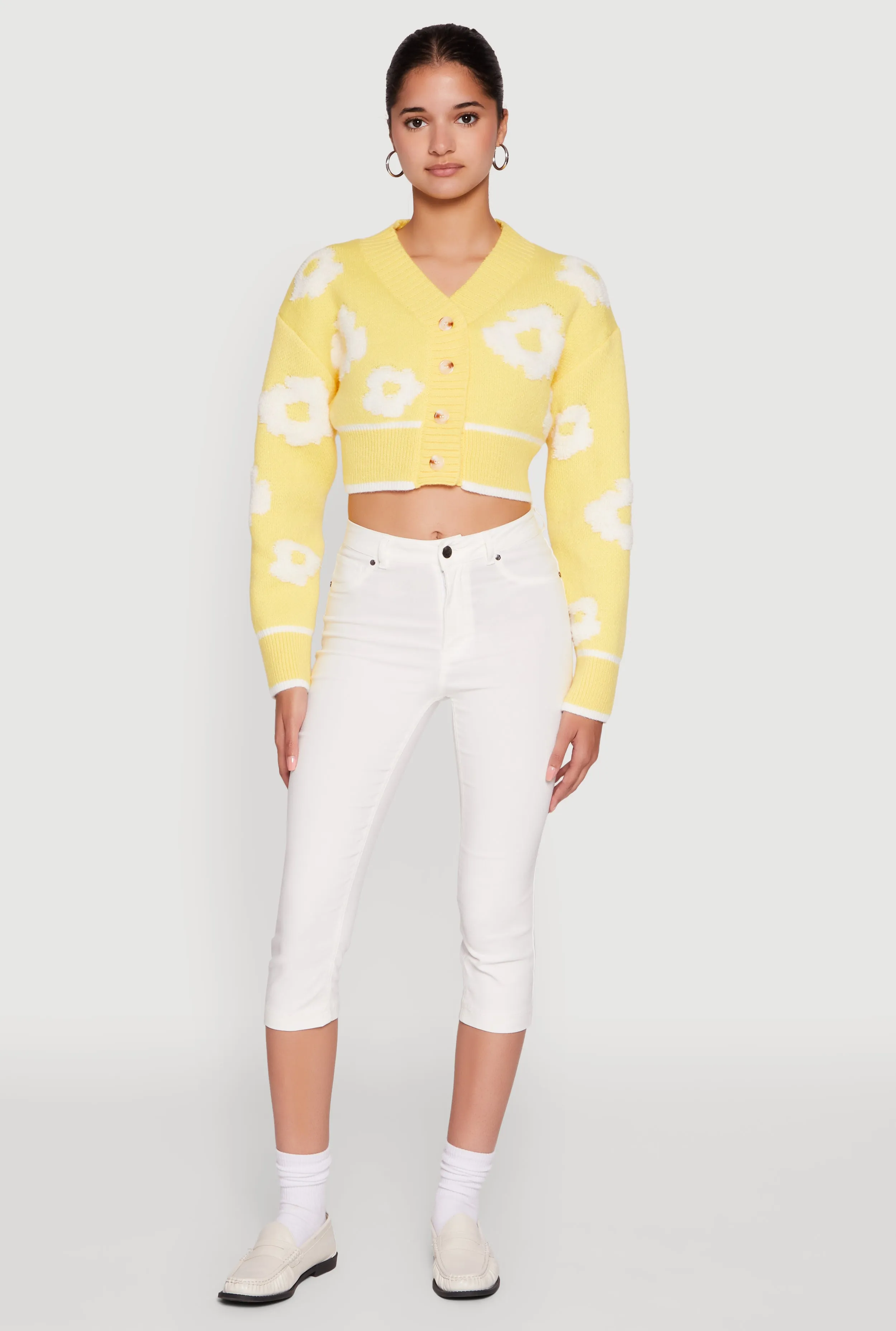 Chenille Floral Brushed Knit Cropped Cardigan sold by Rainbow