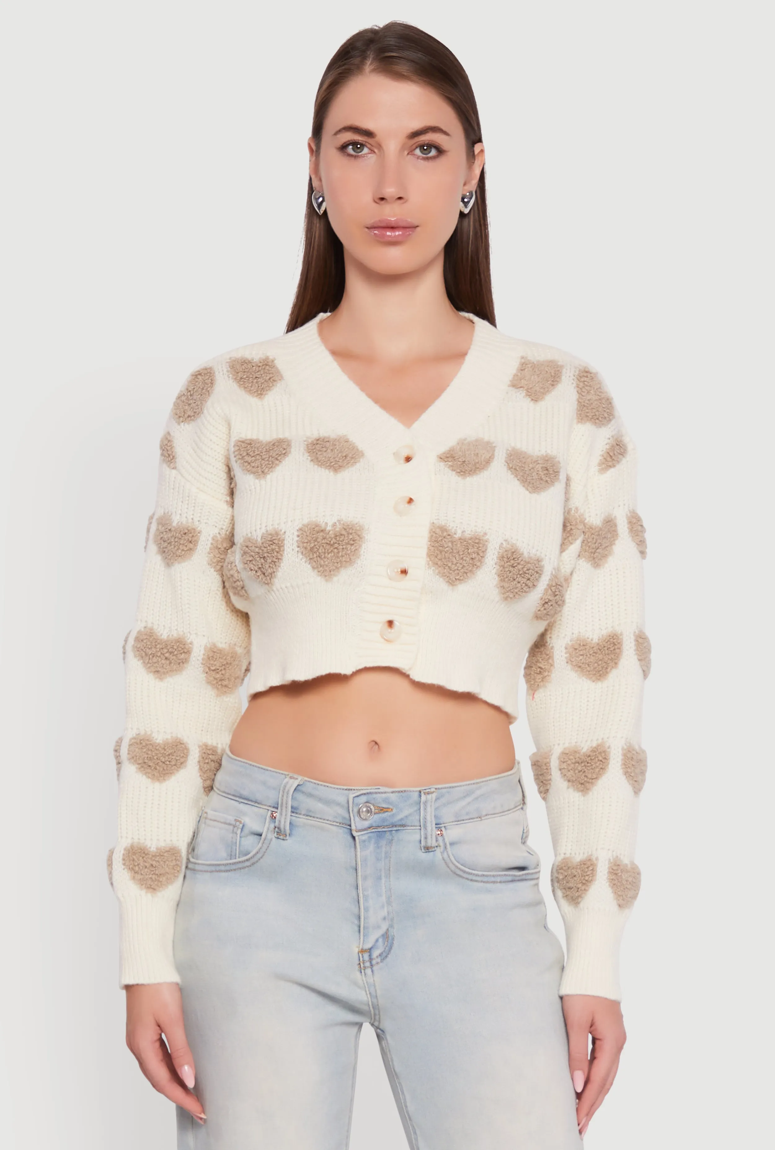 Chenille Heart Patterned Brushed Knit Cropped Cardigan sold by Rainbow product image thumbnail 2
