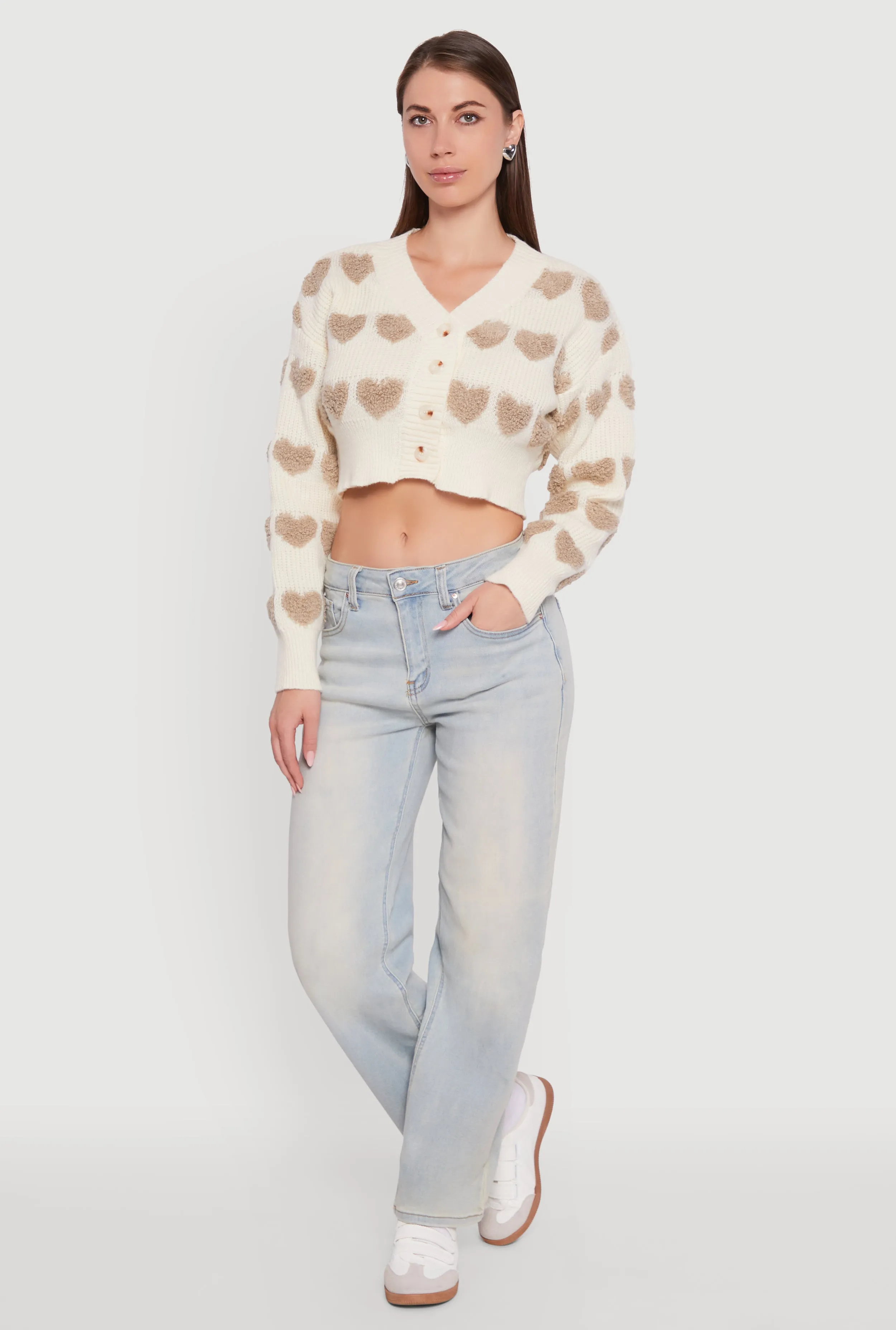 Chenille Heart Patterned Brushed Knit Cropped Cardigan sold by Rainbow