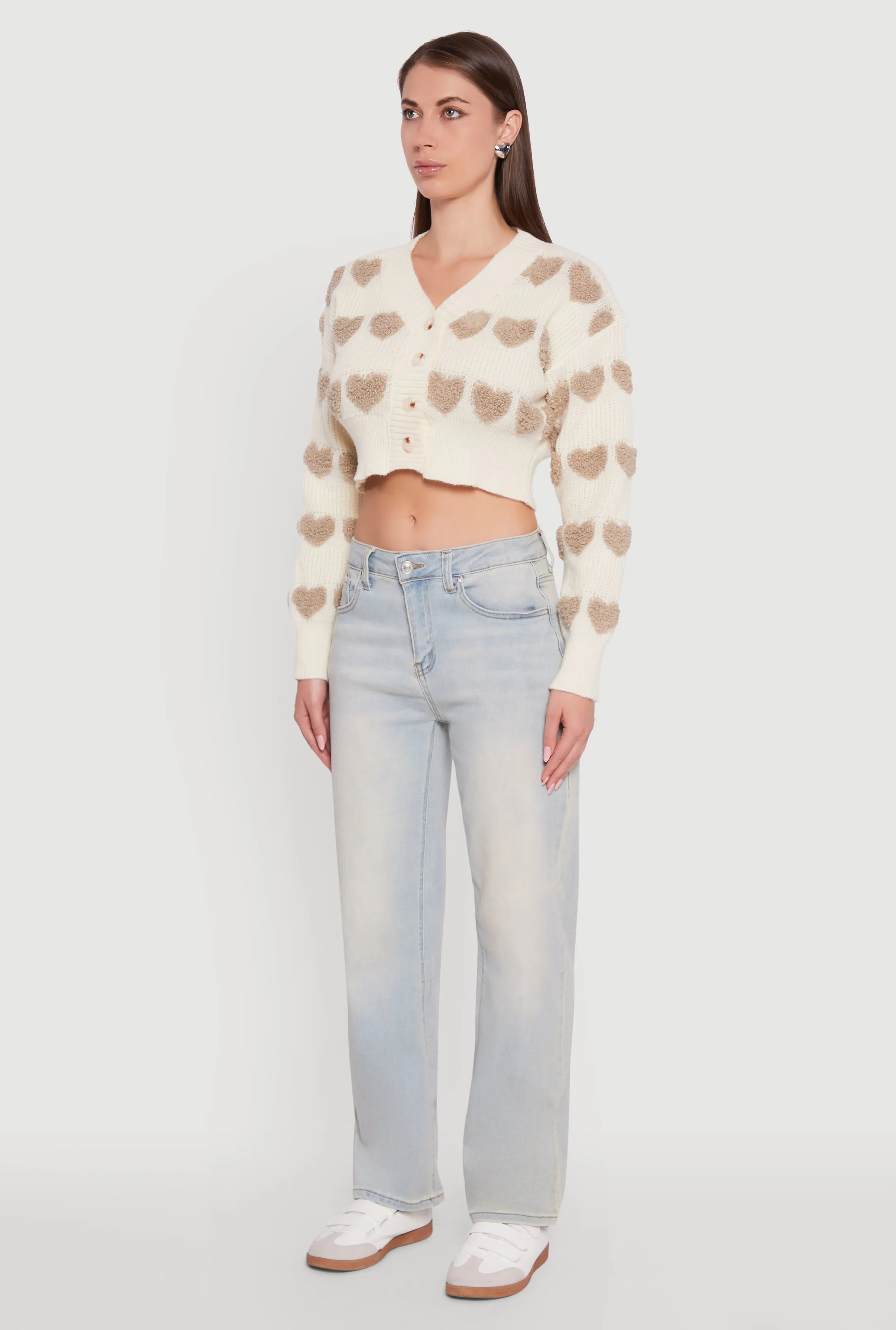 Chenille Heart Patterned Brushed Knit Cropped Cardigan sold by Rainbow product image thumbnail 5