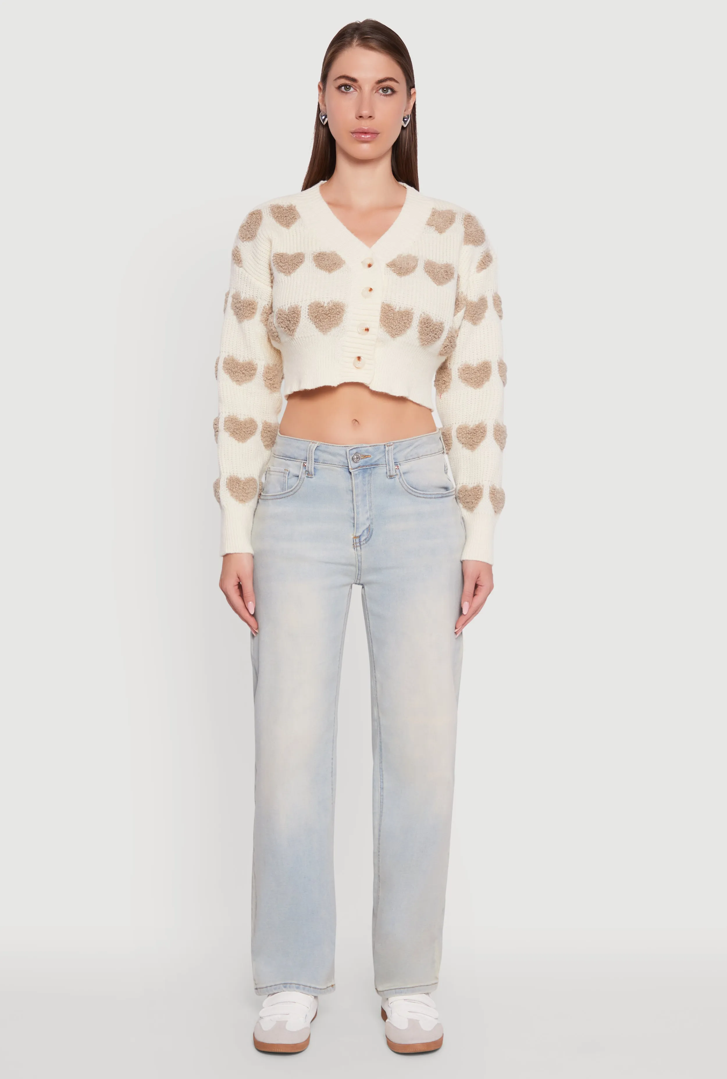 Chenille Heart Patterned Brushed Knit Cropped Cardigan sold by Rainbow product image thumbnail 3
