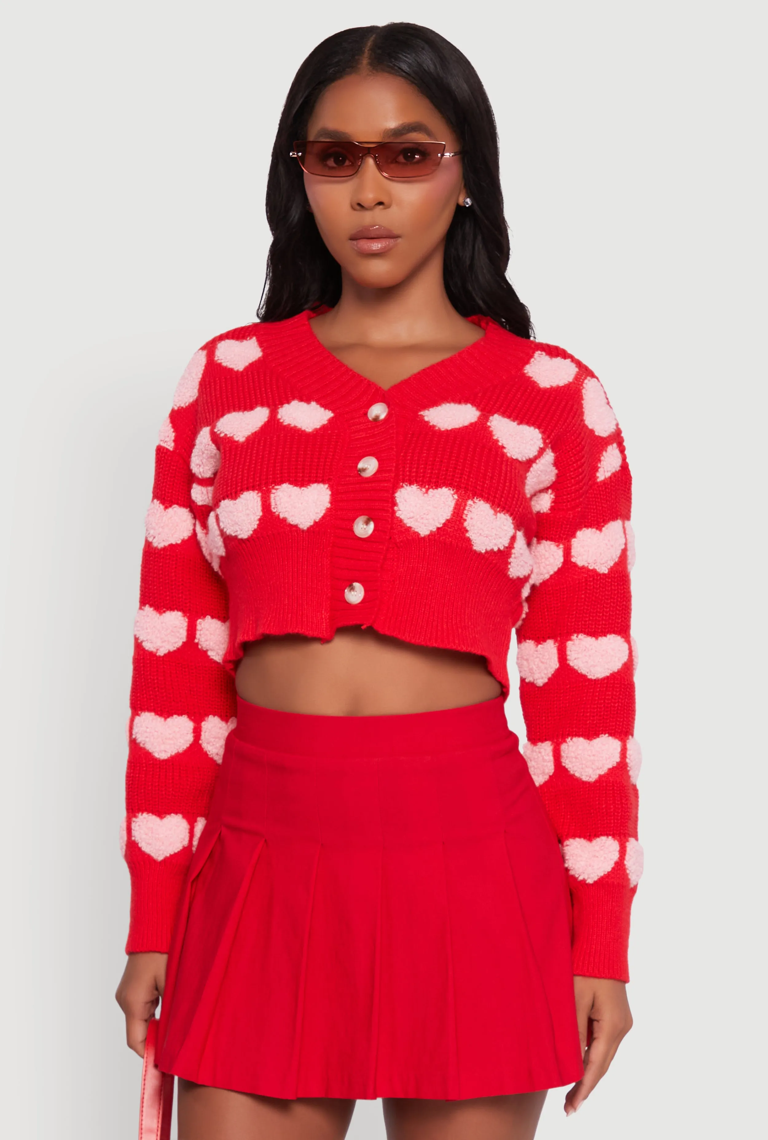 Chenille Heart Patterned Brushed Knit Cropped Cardigan sold by Rainbow product image thumbnail 2