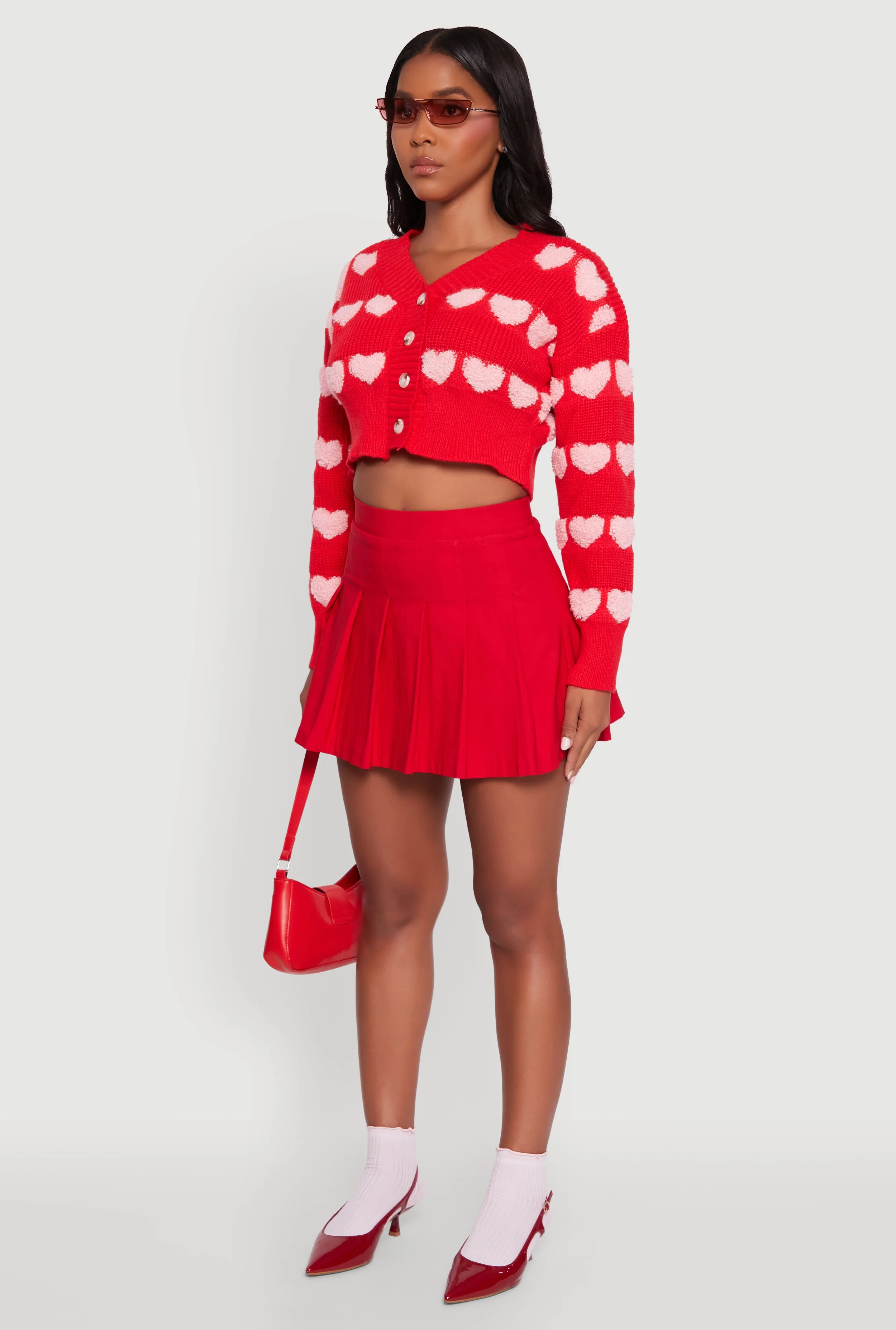 Chenille Heart Patterned Brushed Knit Cropped Cardigan sold by Rainbow product image thumbnail 5