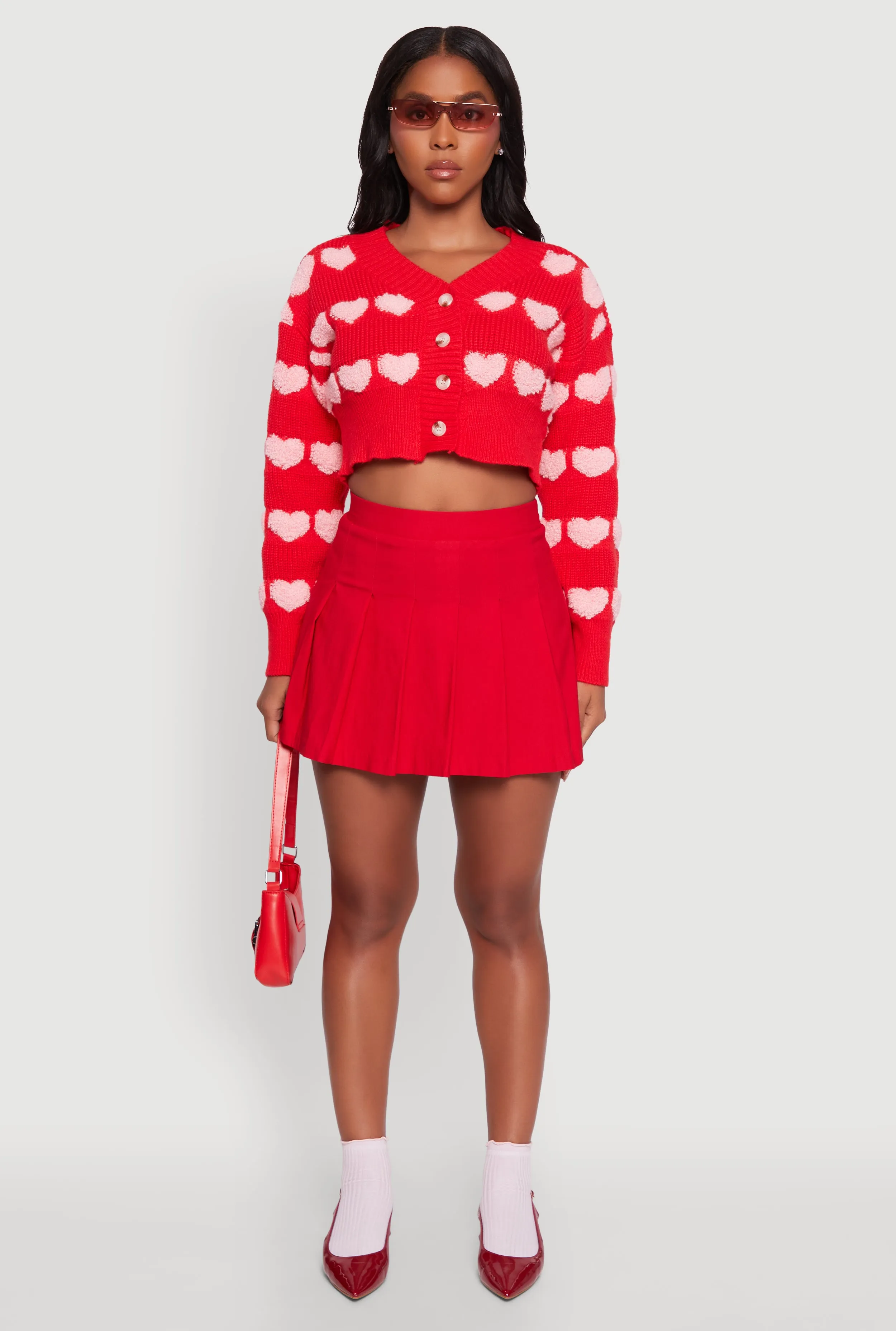 Chenille Heart Patterned Brushed Knit Cropped Cardigan sold by Rainbow product image thumbnail 3