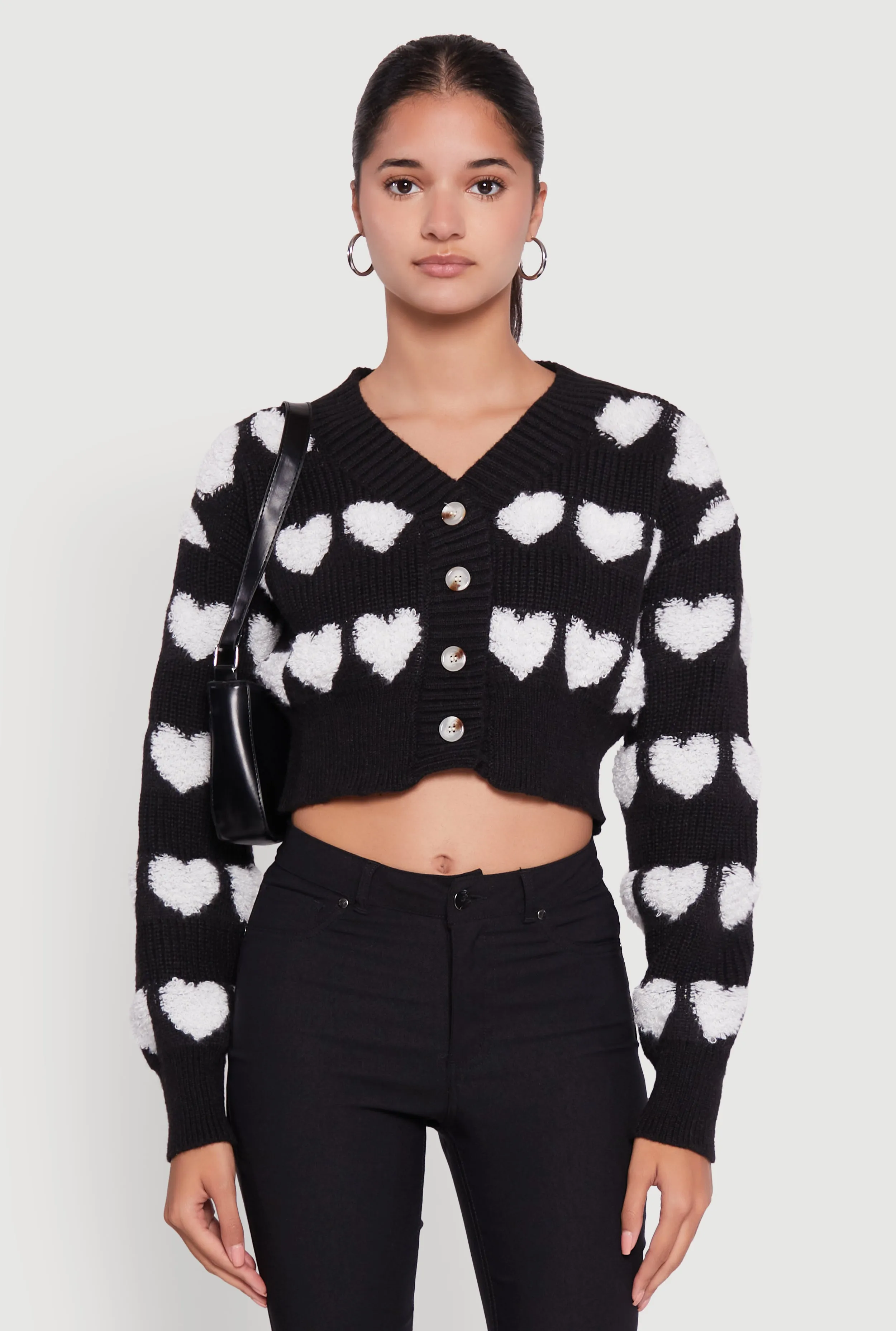 Chenille Heart Patterned Brushed Knit Cropped Cardigan sold by Rainbow product image thumbnail 2
