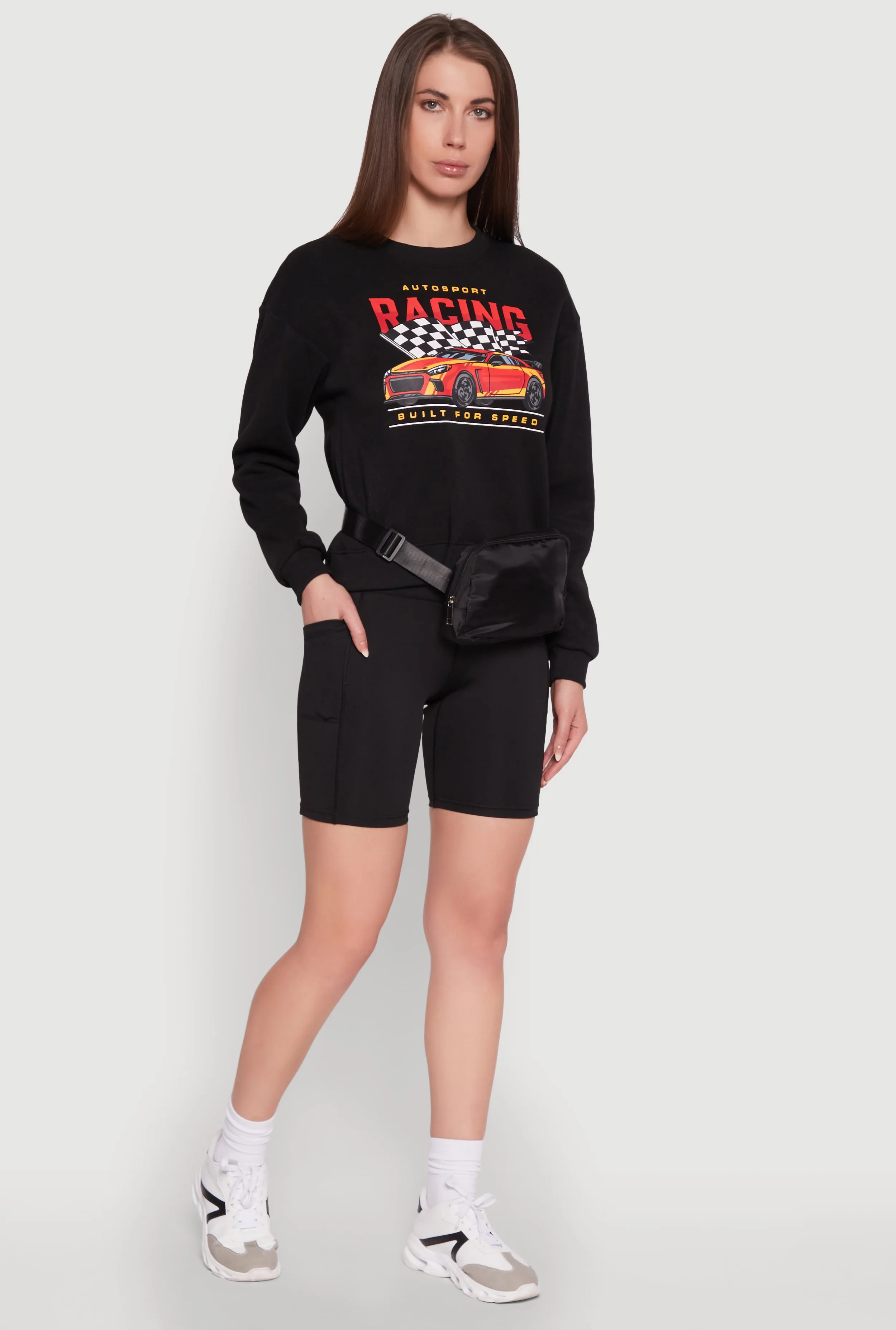 Trendy Racing Graphic Sweatshirt with Biker Shorts and Fanny Pack sold by Rainbow