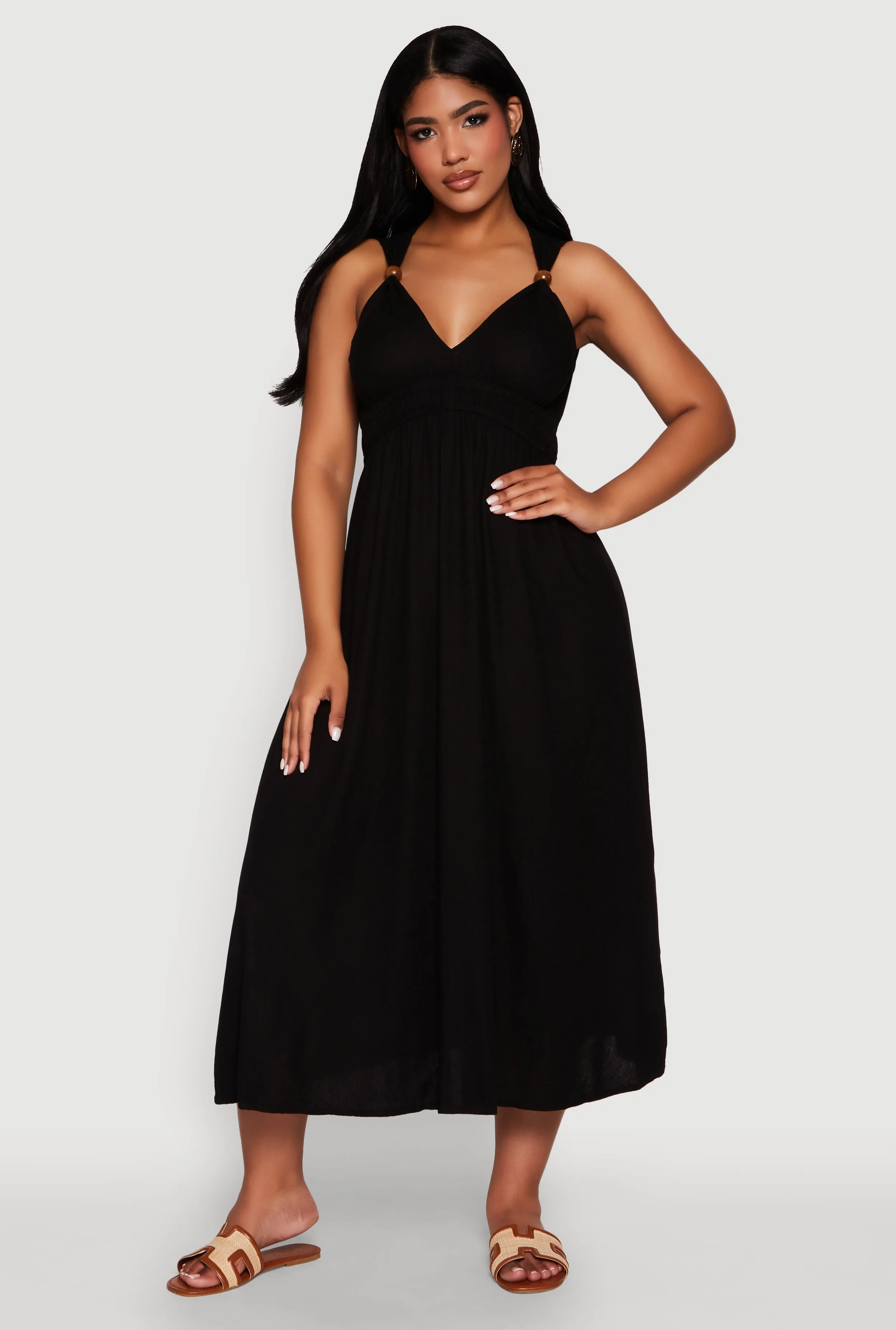 Haute Monde Linen Wood Beaded Strap Sundress sold by Rainbow