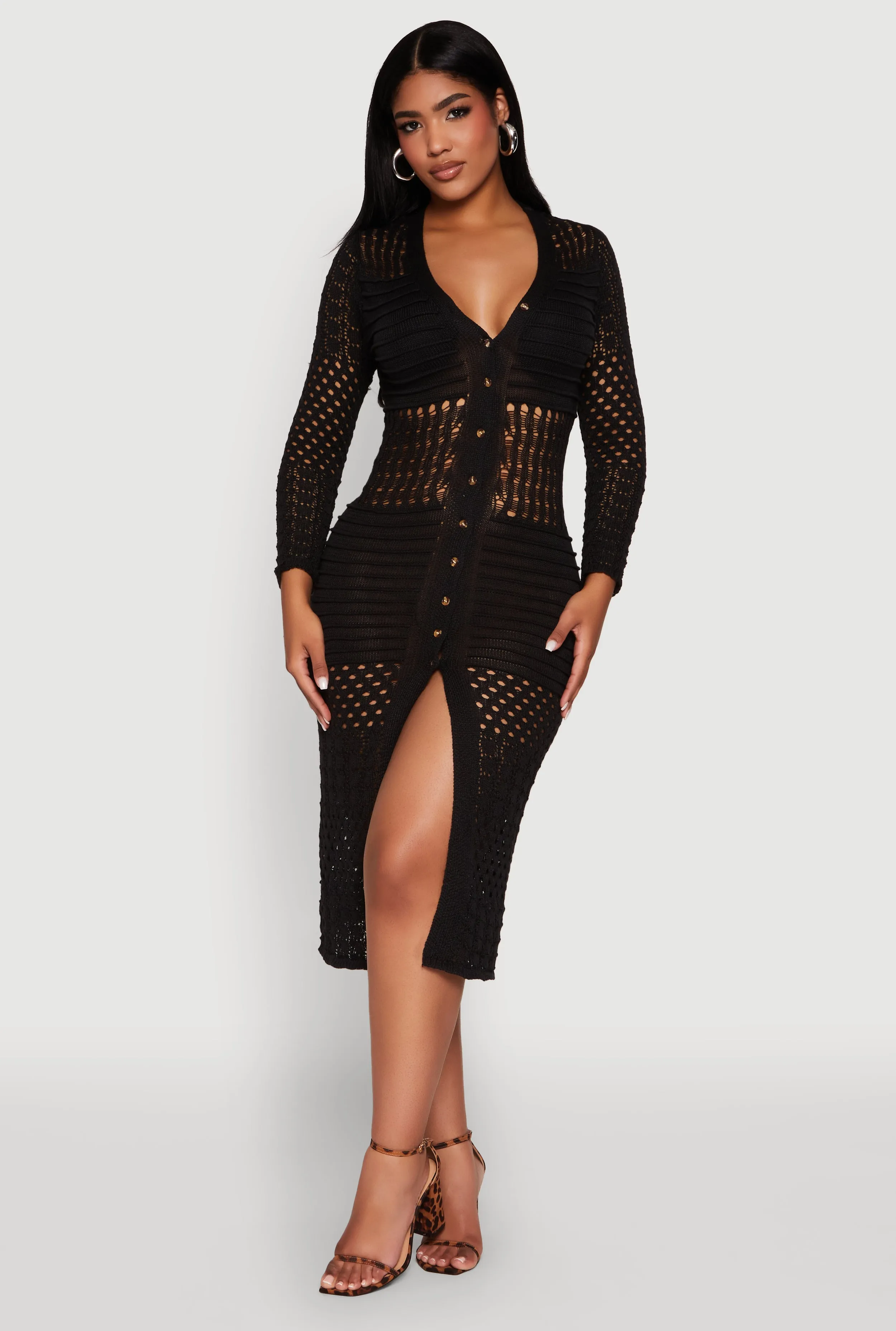 Pointelle Crochet Button Front Midi Dress sold by Rainbow