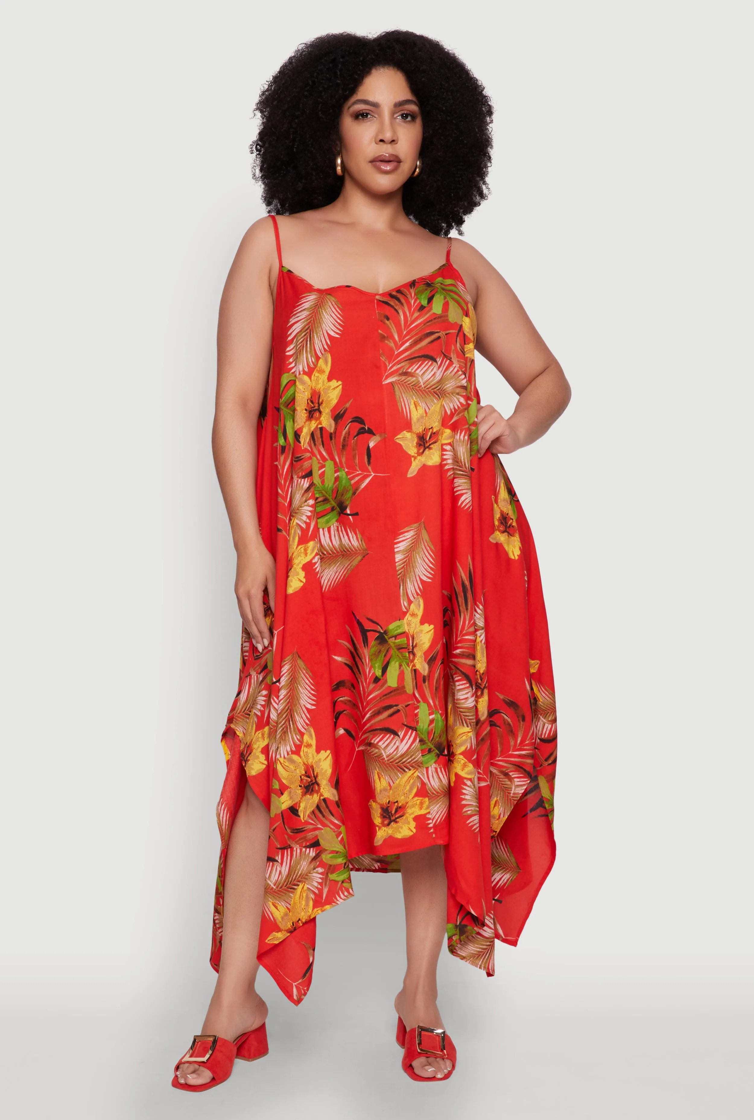 Plus Size Tropical Floral Sleeveless Sundress with Sharkbite Hem sold by Rainbow