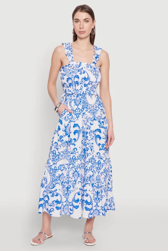 Ruffle Strap Printed Smocked Sundress sold by Rainbow