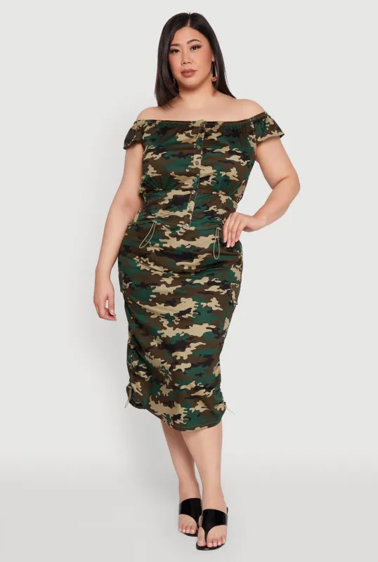 Plus Size Camouflage Off the Shoulder Top and Cargo Skirt sold by Rainbow