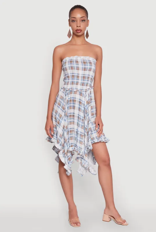 Plaid Smocked Handkerchief Hem Tube Dress sold by Rainbow