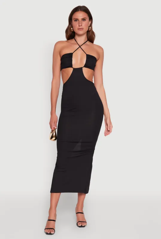 Stylish Ribbed Knit Keyhole Halter Sundress sold by Rainbow