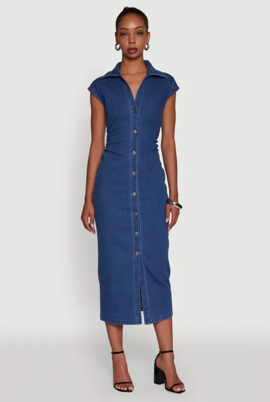 Haute Monde Button Front Cap Sleeve Denim Dress sold by Rainbow