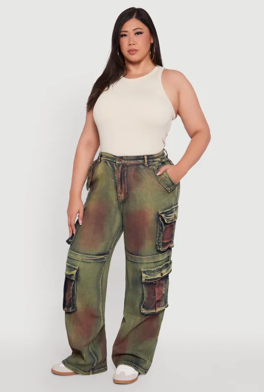 Plus Size High Waisted Wide Leg Jeans with Cargo Pockets sold by Rainbow