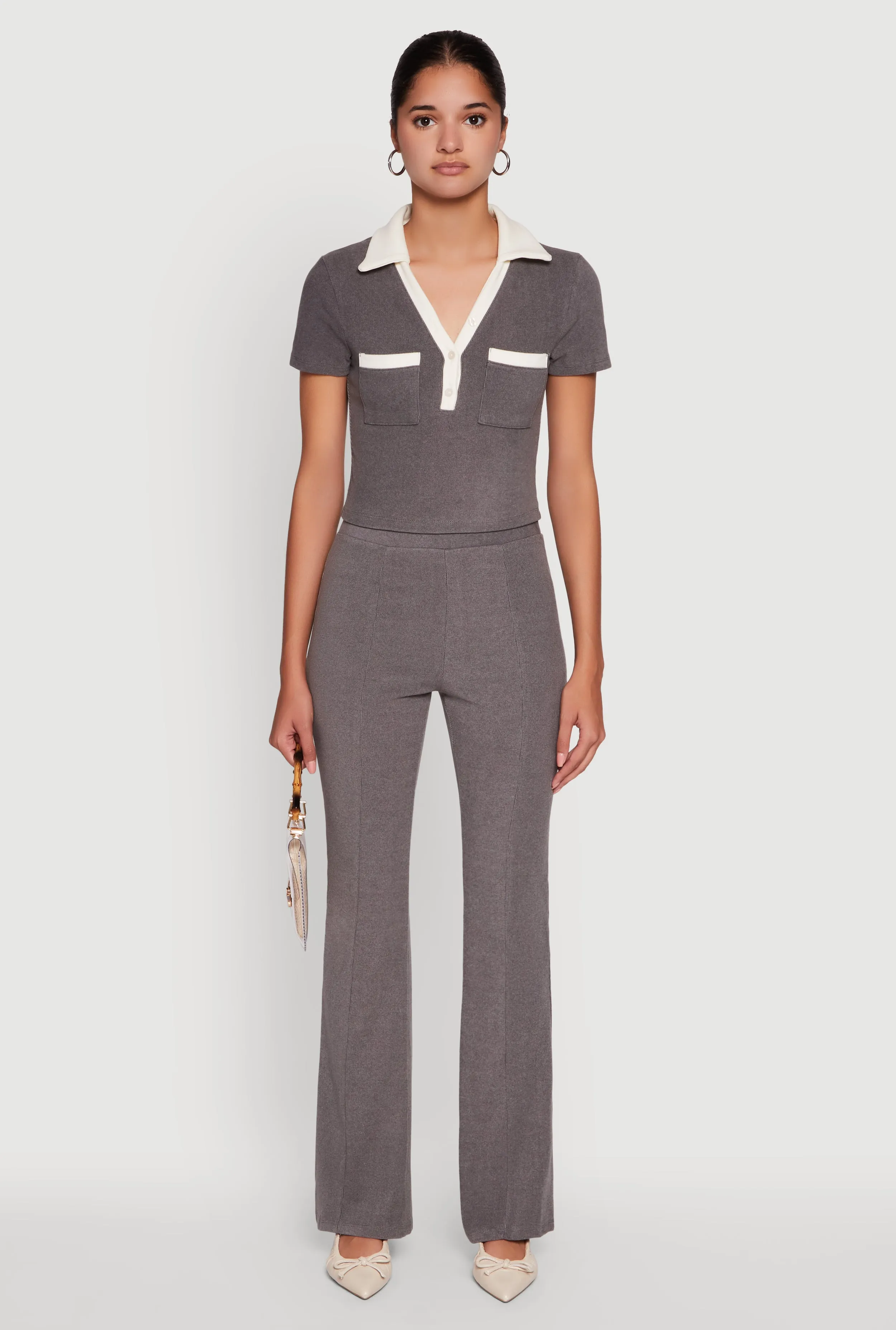 Brushed Knit Pintuck Pull On Flared Dress Pants sold by Rainbow