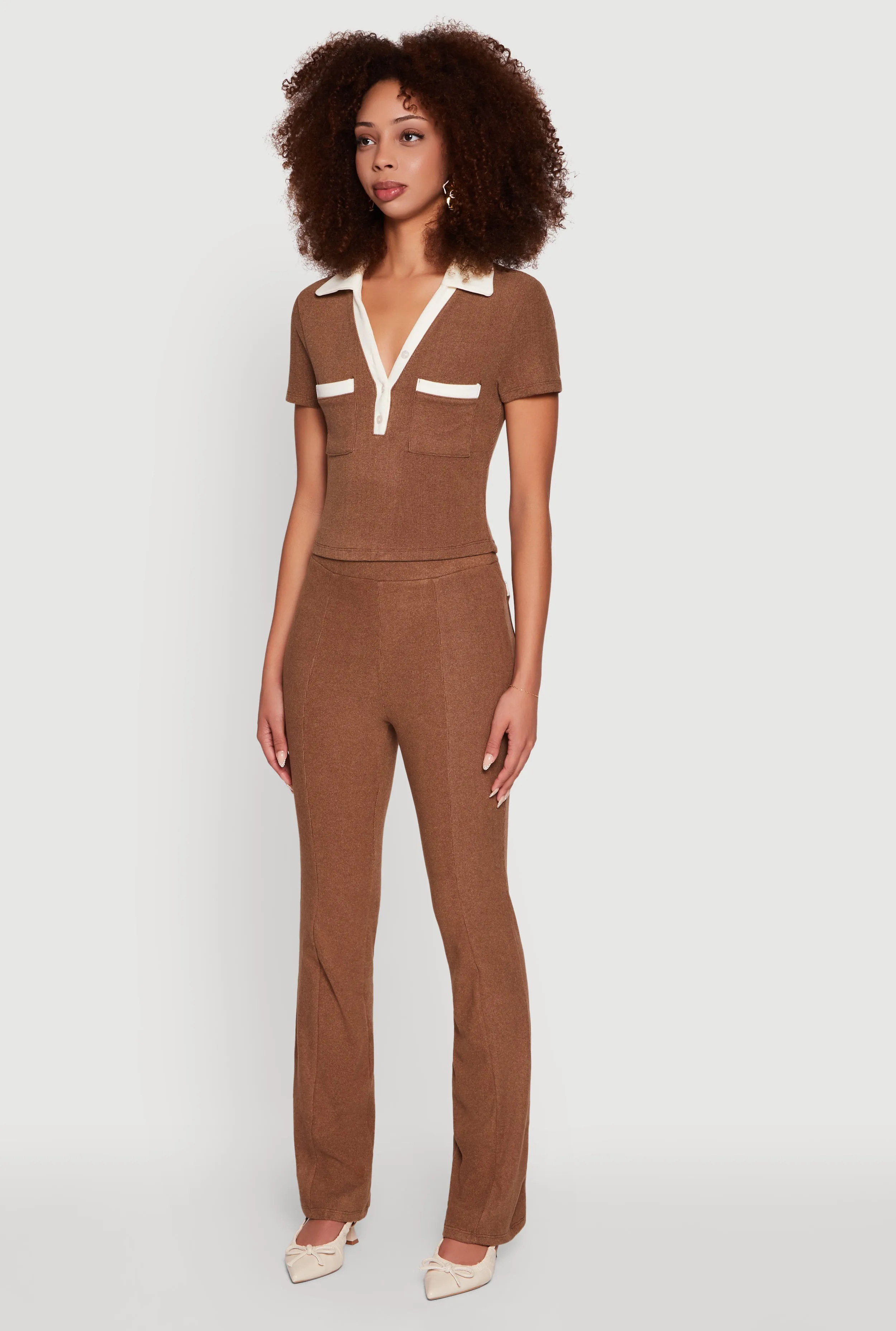 Brushed Knit Contrast Trim Cropped Polo Shirt sold by Rainbow product image thumbnail 5