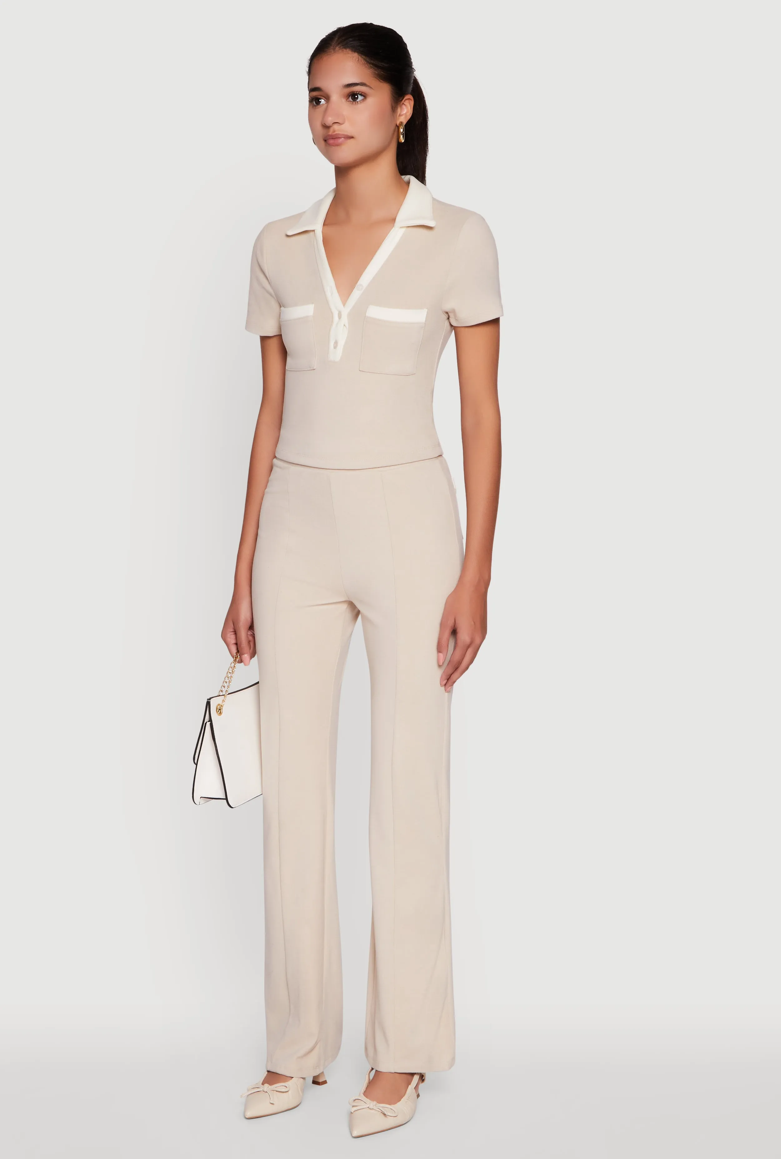 Brushed Knit Contrast Trim Cropped Polo Shirt sold by Rainbow product image thumbnail 5