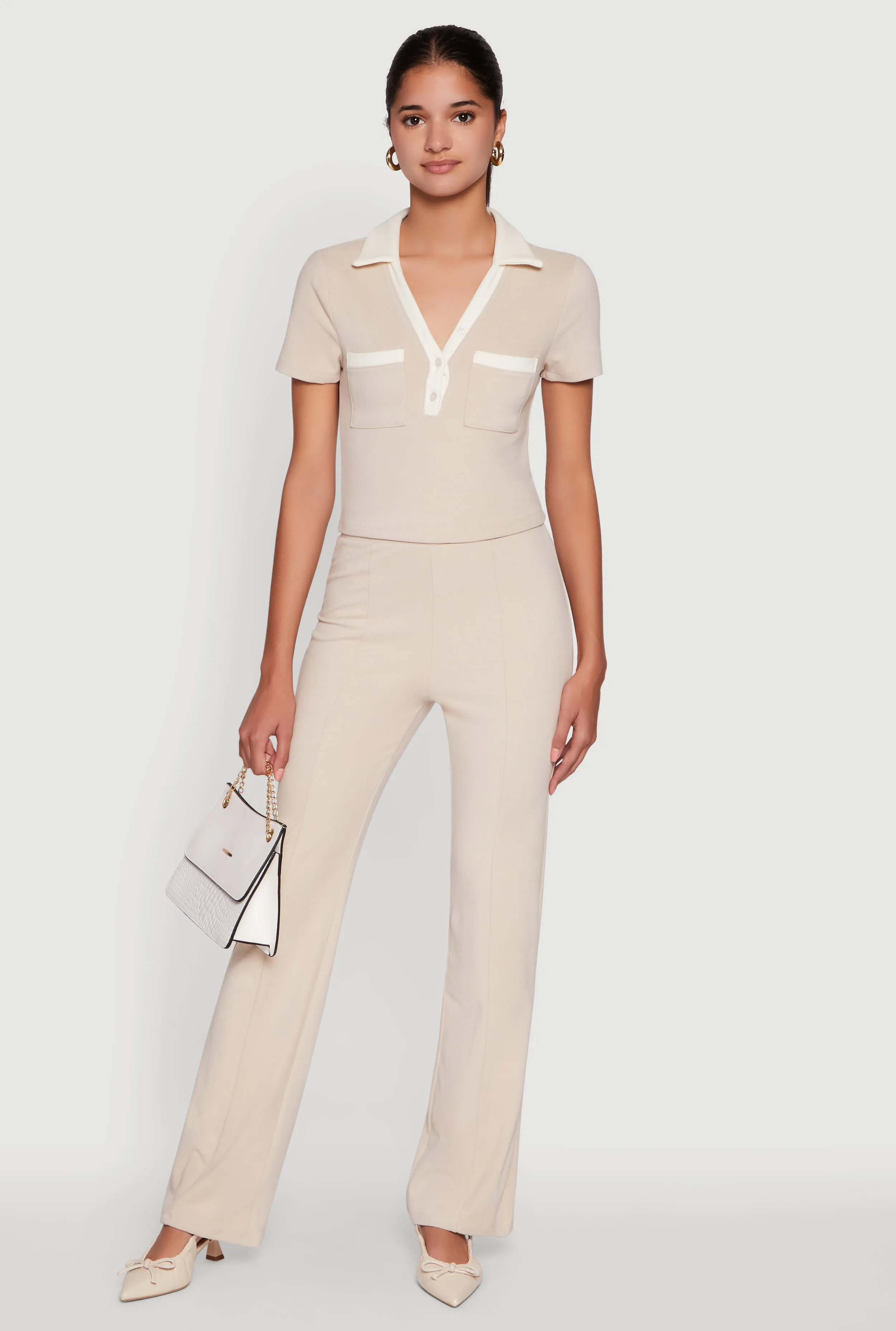 Brushed Knit Contrast Trim Cropped Polo Shirt sold by Rainbow product image thumbnail 3