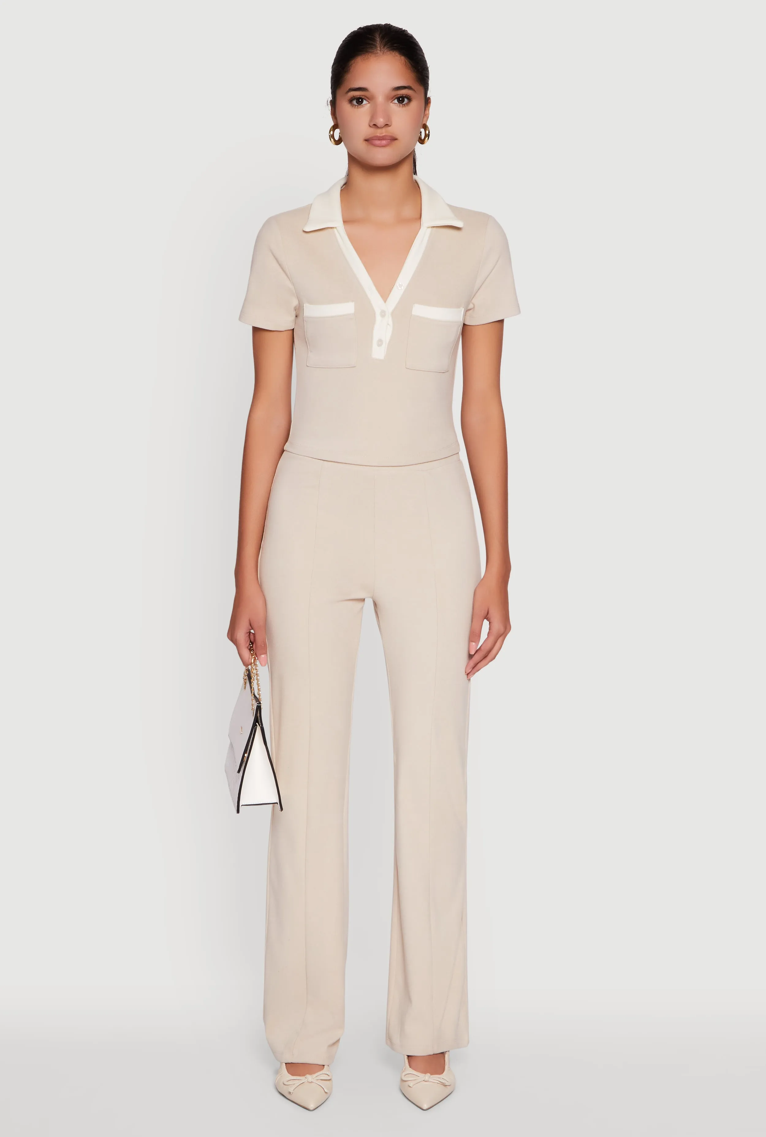 Brushed Knit Contrast Trim Cropped Polo Shirt sold by Rainbow product image thumbnail 2