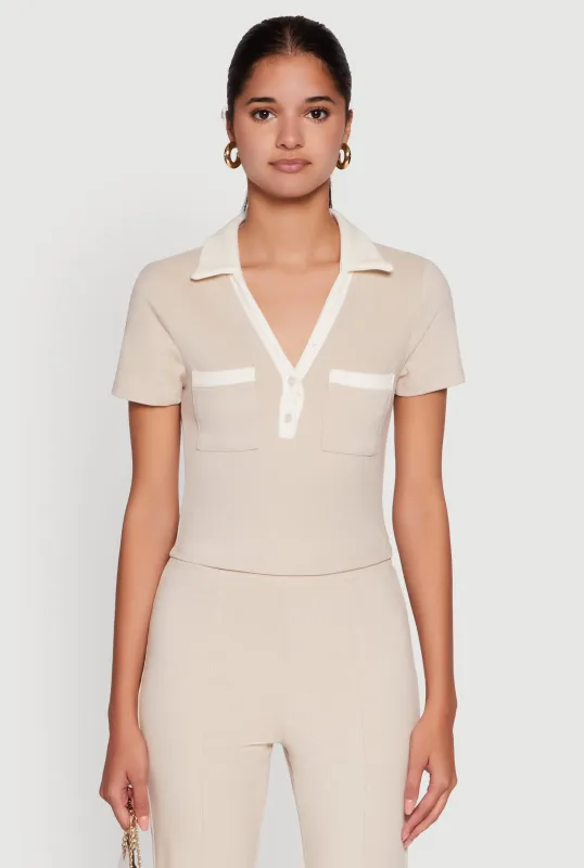 Brushed Knit Contrast Trim Cropped Polo Shirt sold by Rainbow