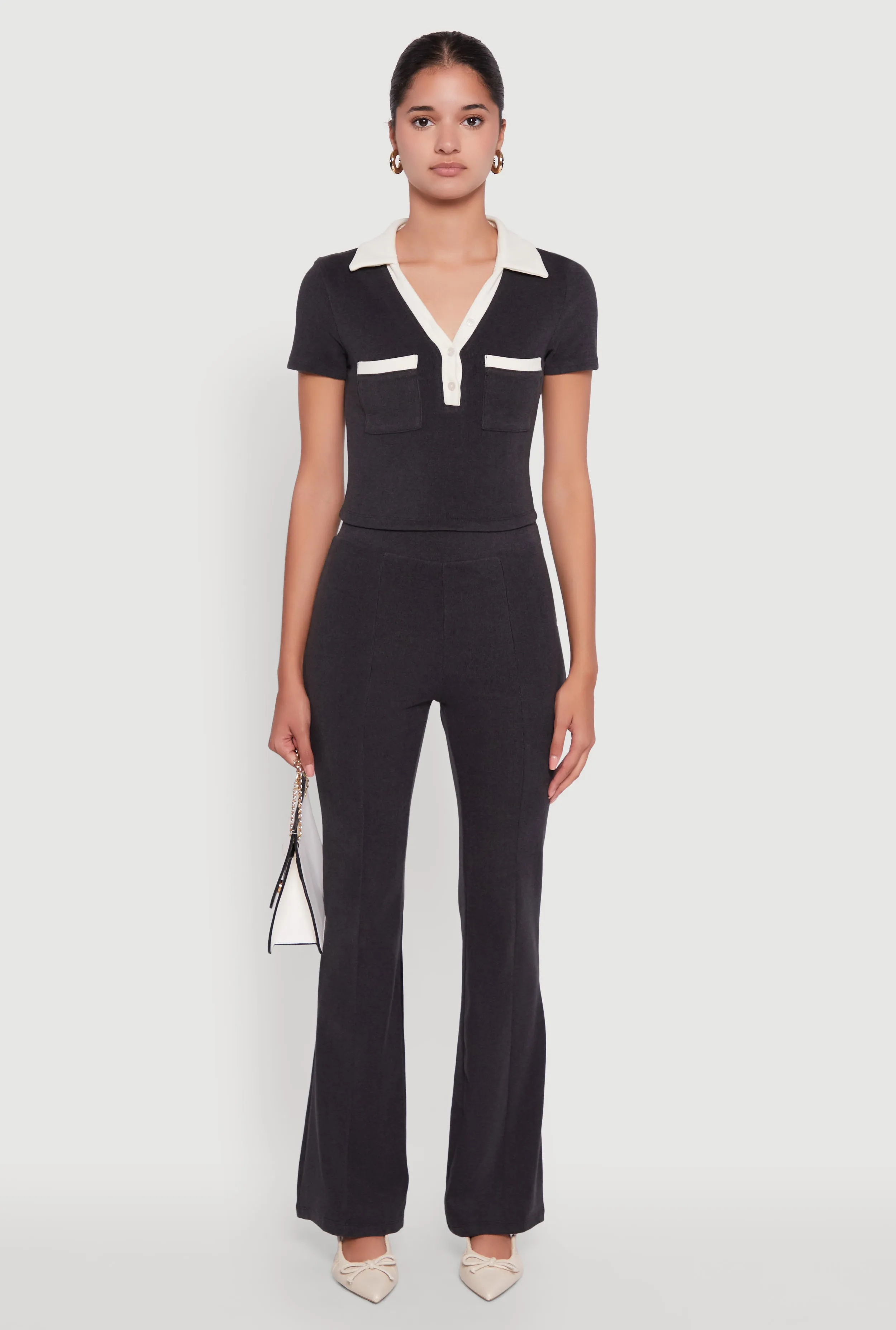 Brushed Knit Contrast Trim Cropped Polo Shirt sold by Rainbow product image thumbnail 3