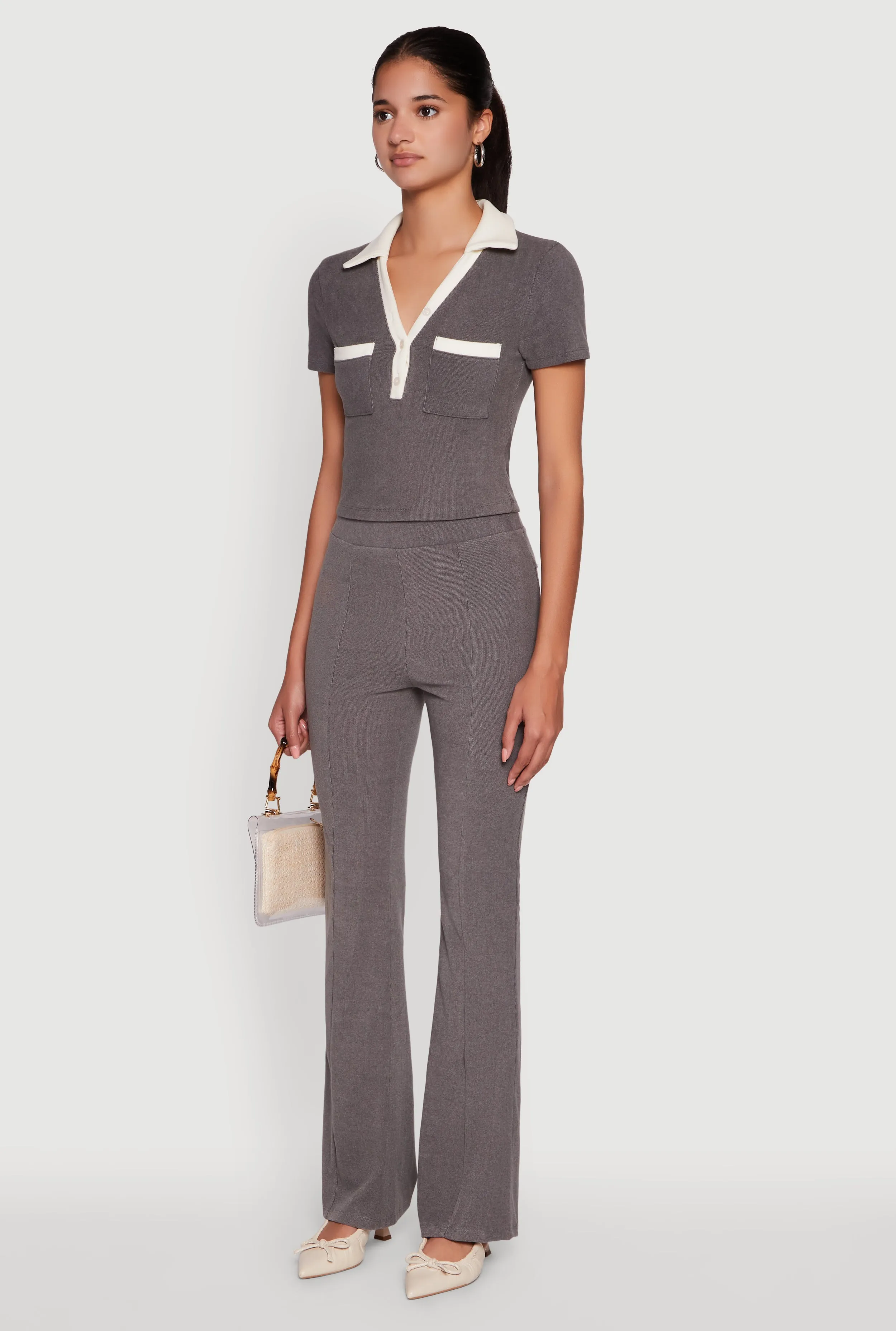 Brushed Knit Contrast Trim Cropped Polo Shirt sold by Rainbow product image thumbnail 5