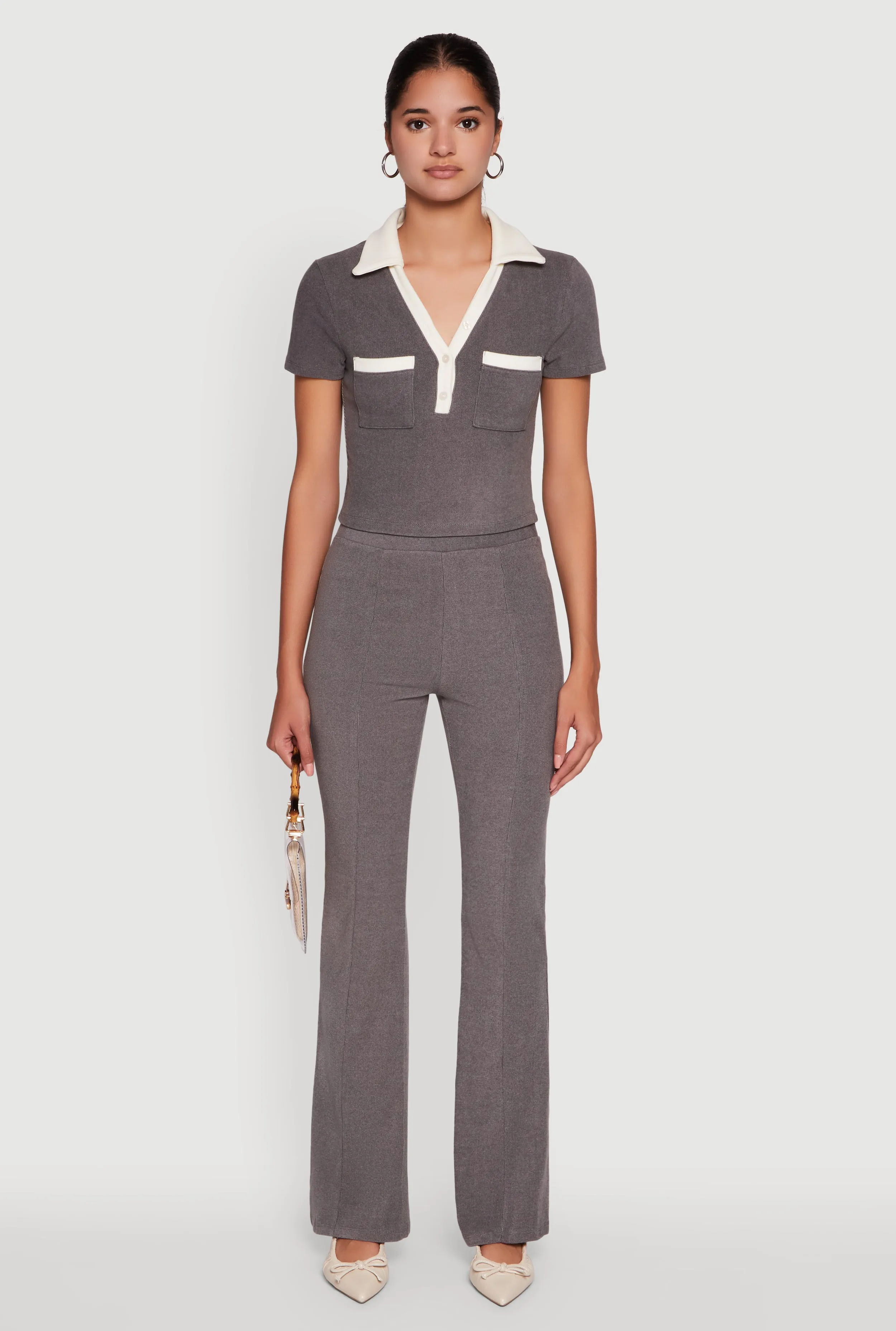 Brushed Knit Contrast Trim Cropped Polo Shirt sold by Rainbow product image thumbnail 2