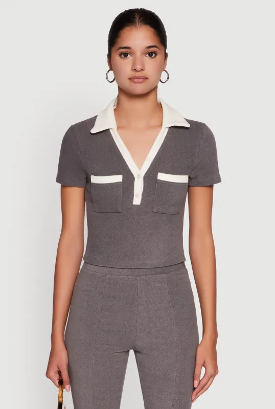 Brushed Knit Contrast Trim Cropped Polo Shirt sold by Rainbow