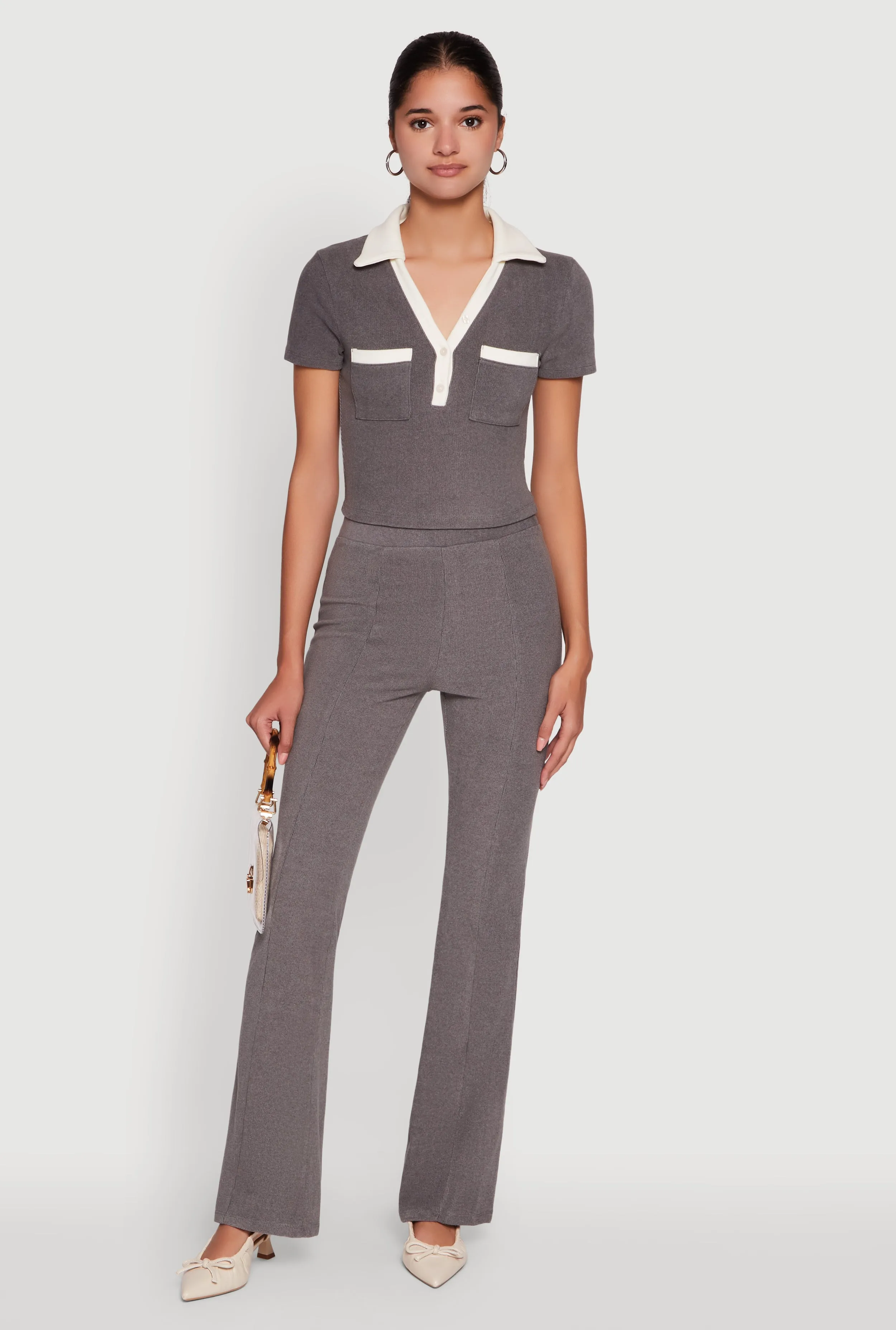 Brushed Knit Contrast Trim Cropped Polo Shirt sold by Rainbow product image thumbnail 3