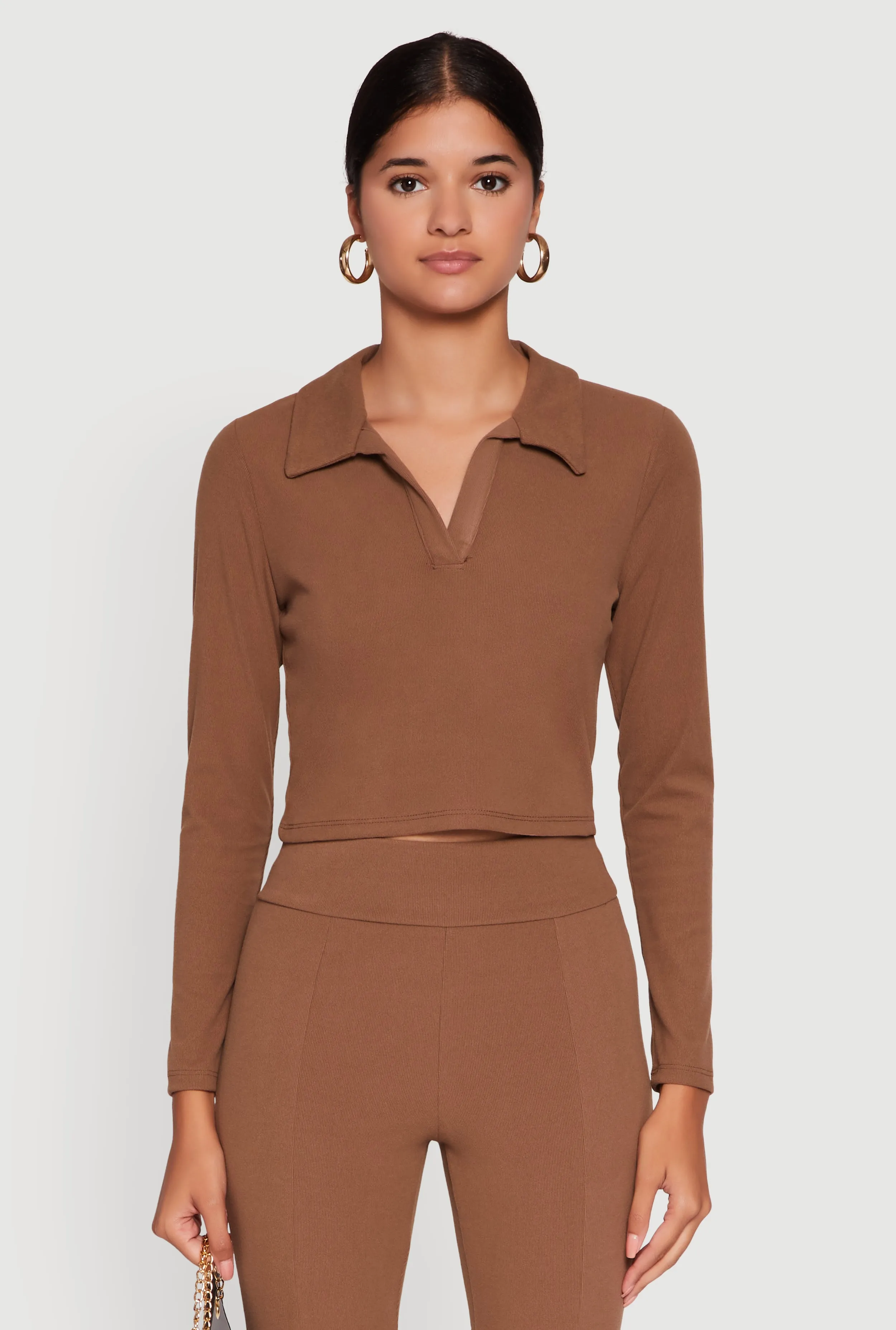 Brushed Knit Cropped Johnny Collar Polo Shirt sold by Rainbow