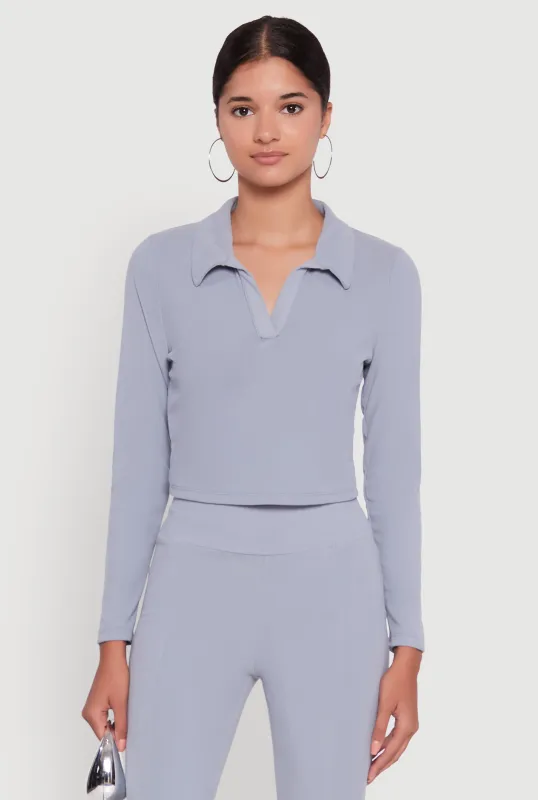 Brushed Knit Cropped Johnny Collar Polo Shirt sold by Rainbow