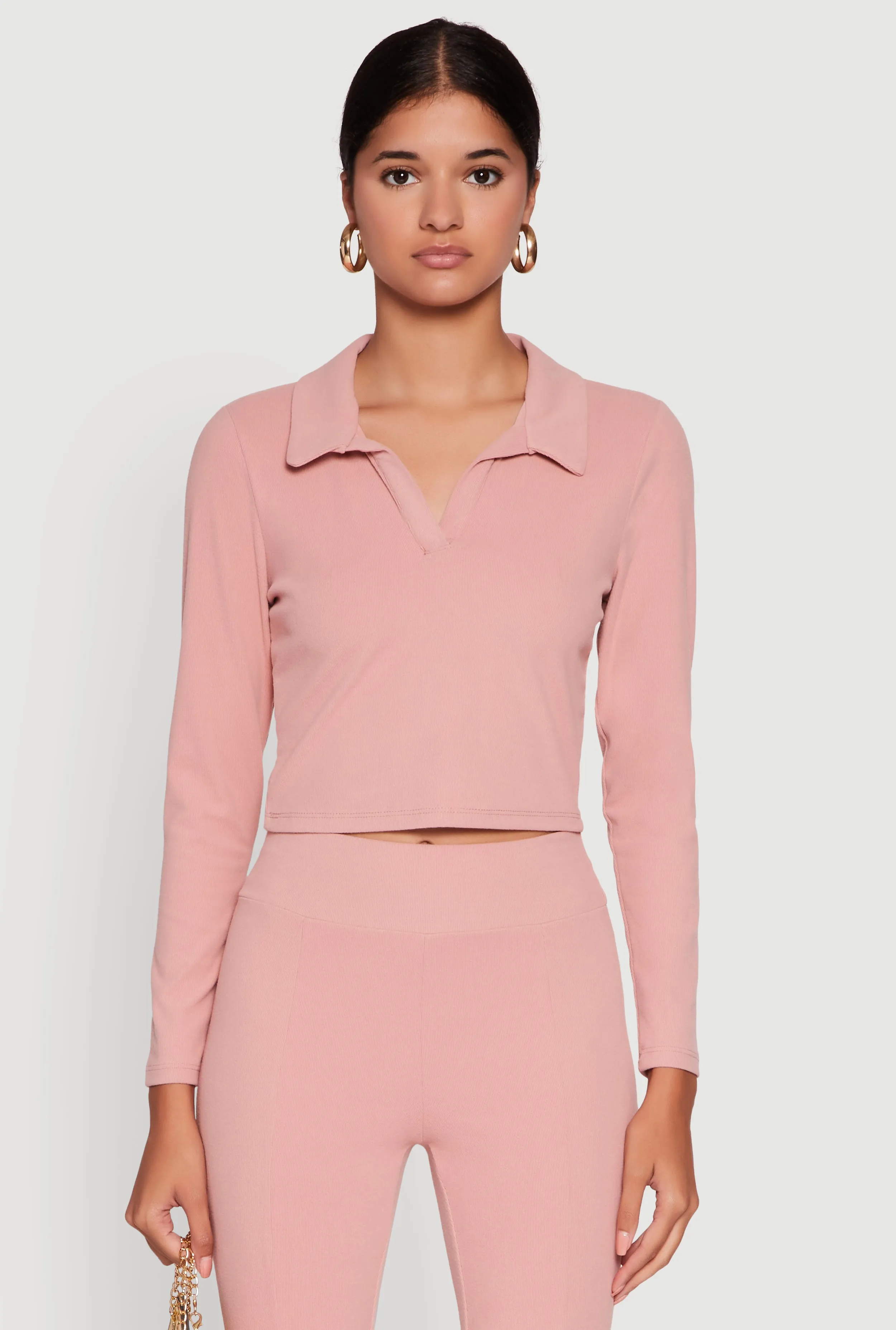 Brushed Knit Cropped Johnny Collar Polo Shirt sold by Rainbow