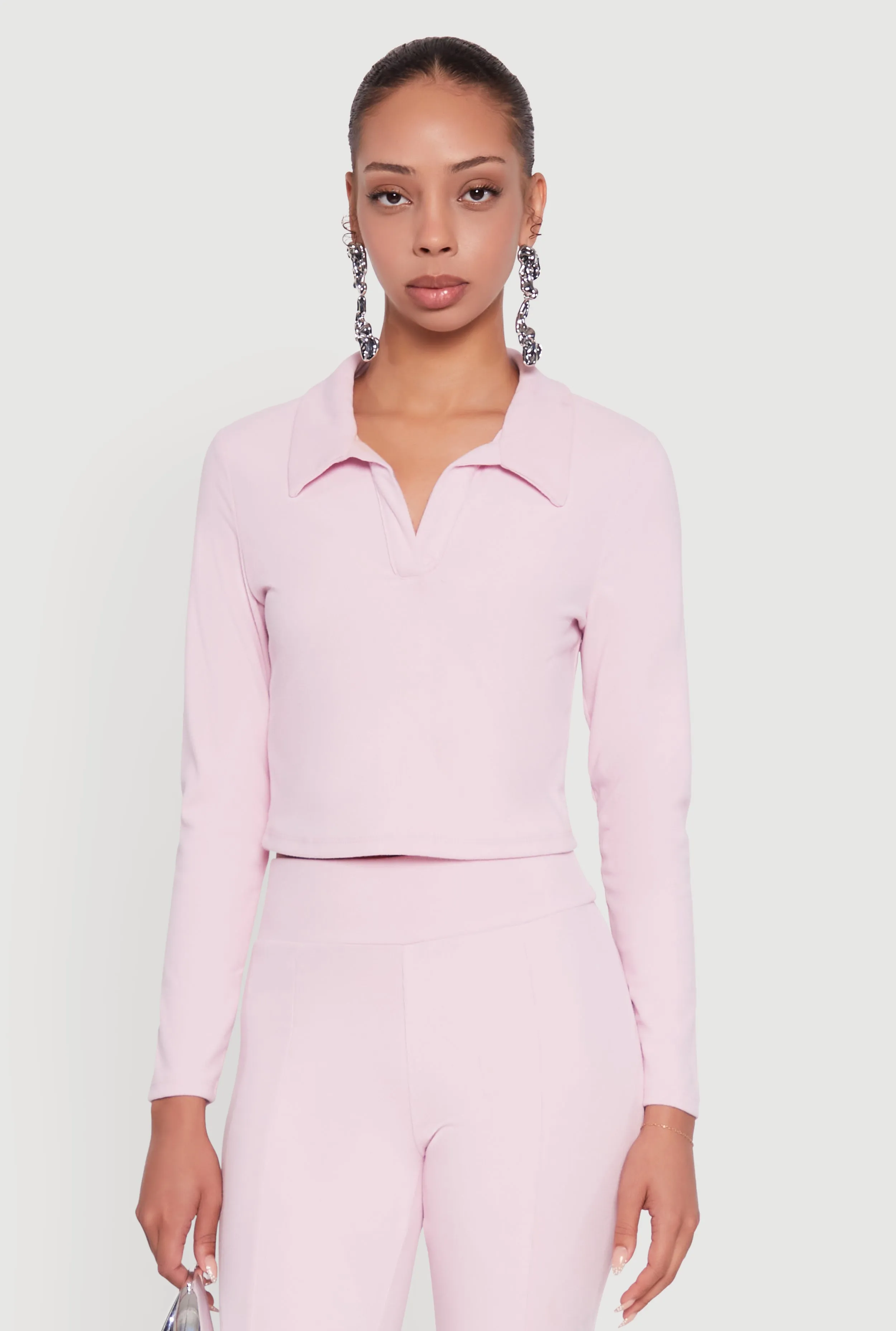 Brushed Knit Cropped Johnny Collar Polo Shirt sold by Rainbow