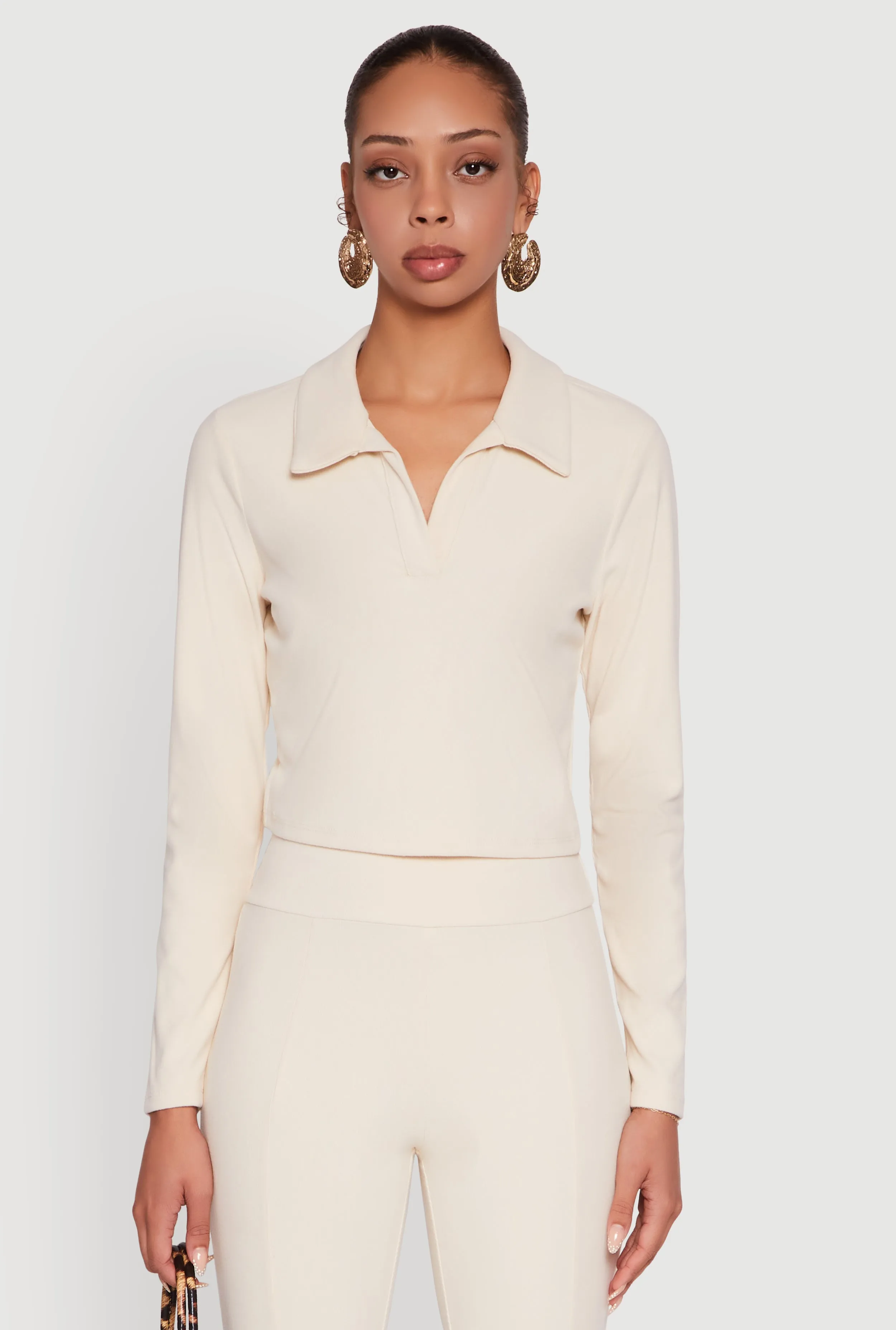 Brushed Knit Cropped Johnny Collar Polo Shirt sold by Rainbow product image thumbnail 2