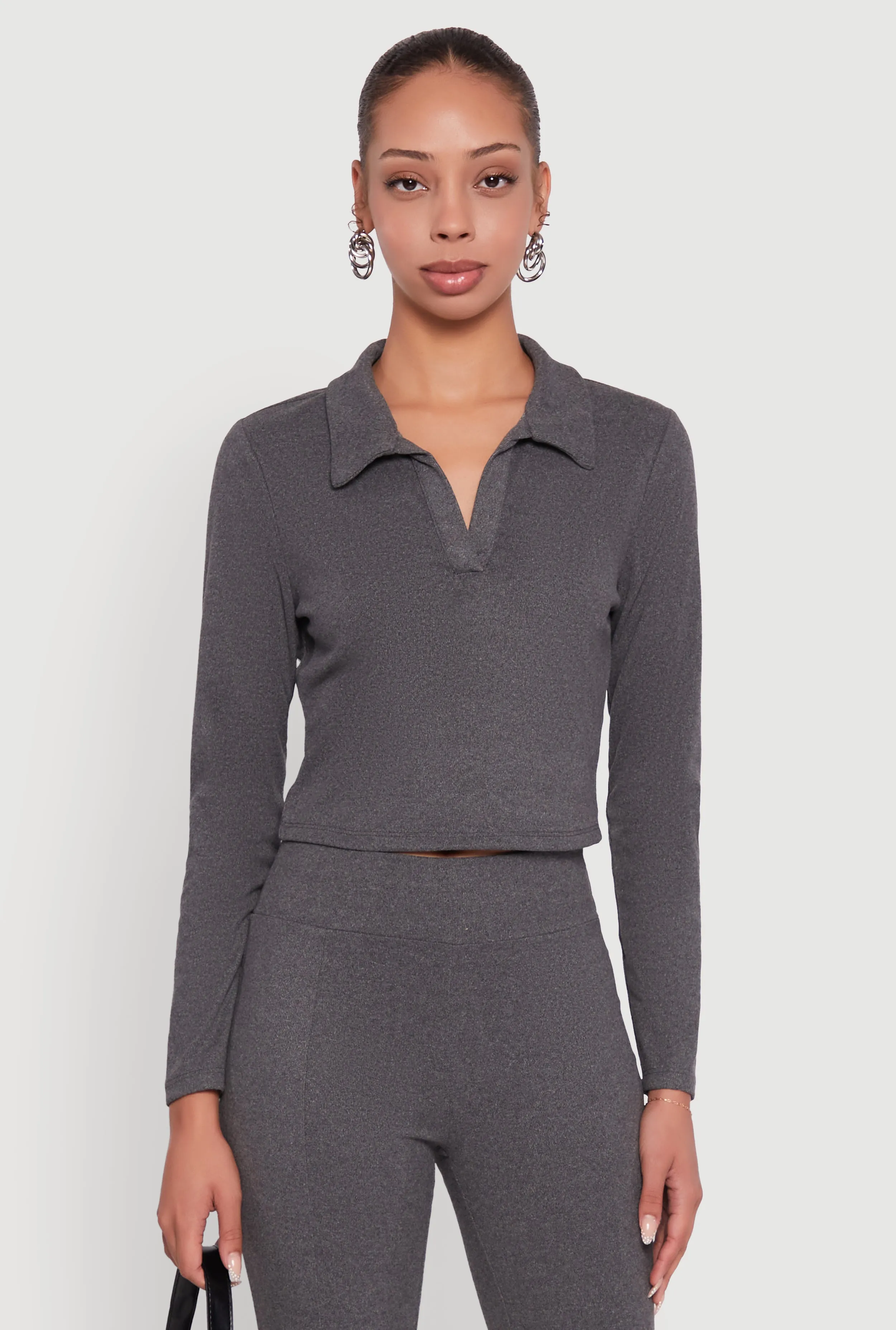 Brushed Knit Cropped Johnny Collar Polo Shirt sold by Rainbow