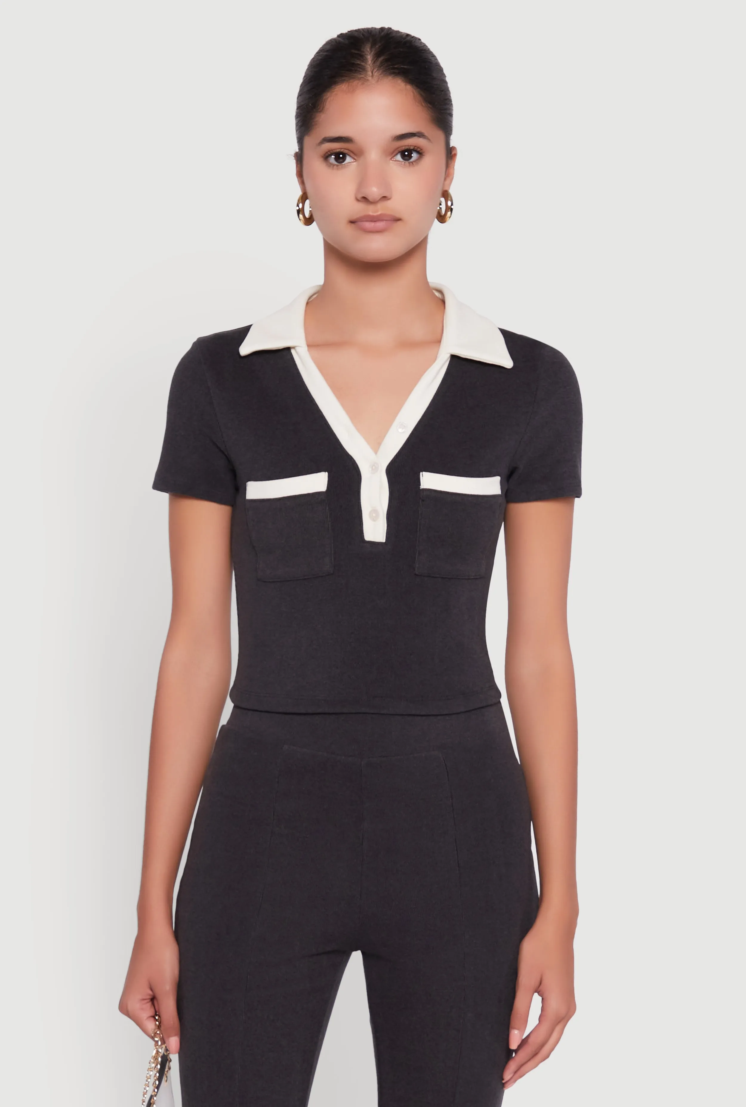 Brushed Knit Contrast Trim Cropped Polo Shirt sold by Rainbow