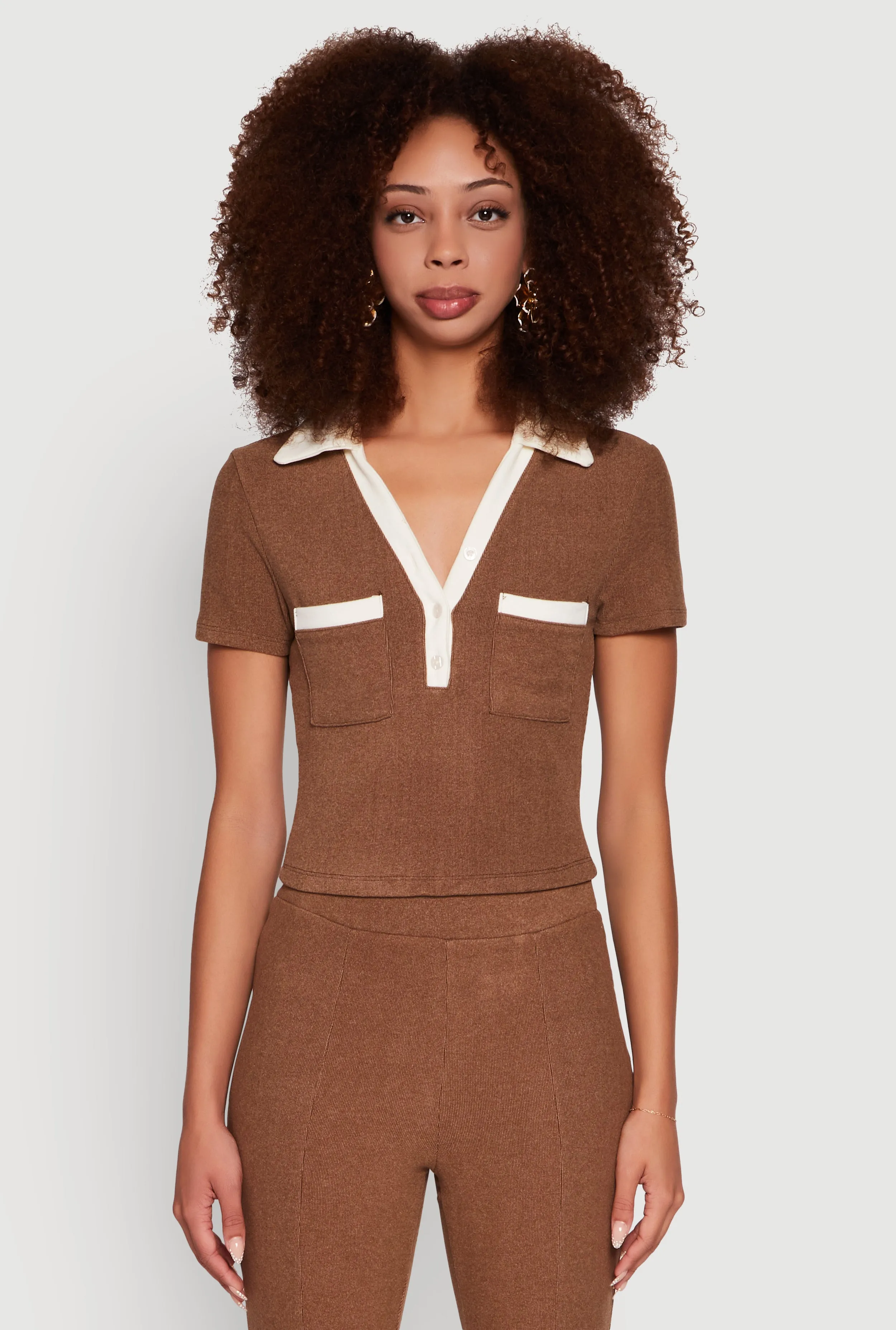 Brushed Knit Contrast Trim Cropped Polo Shirt sold by Rainbow product image thumbnail 4