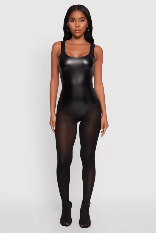 Faux Leather Sleeveless Scoop Neck Bodysuit sold by Rainbow