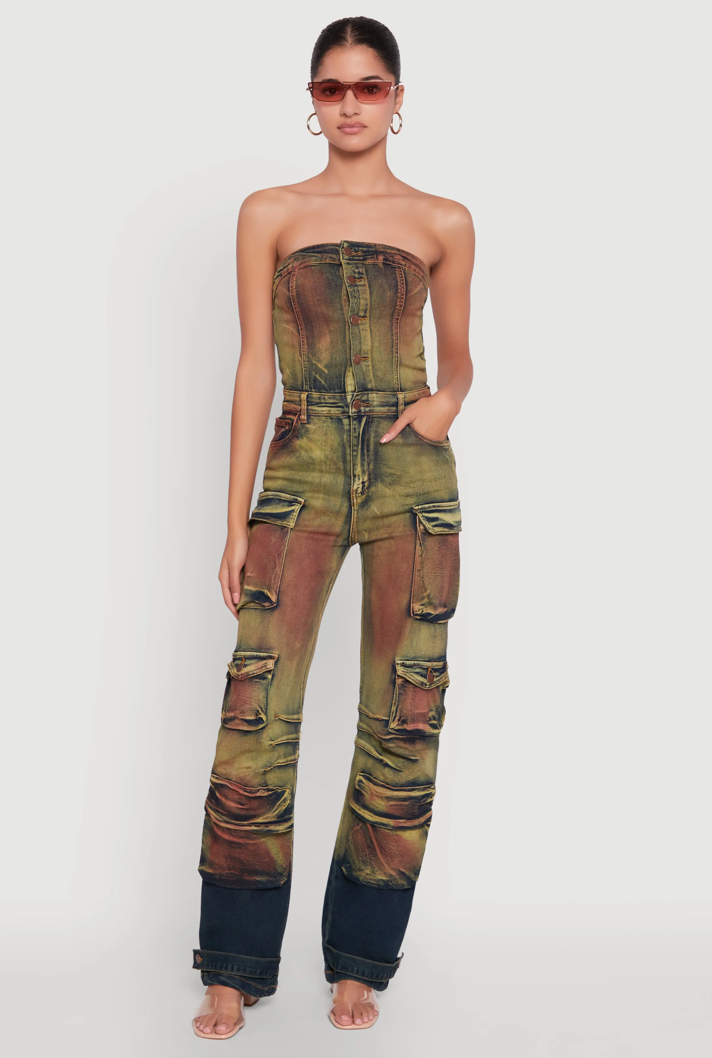 Acid Wash Button Front Tube Utility Jumpsuit sold by Rainbow