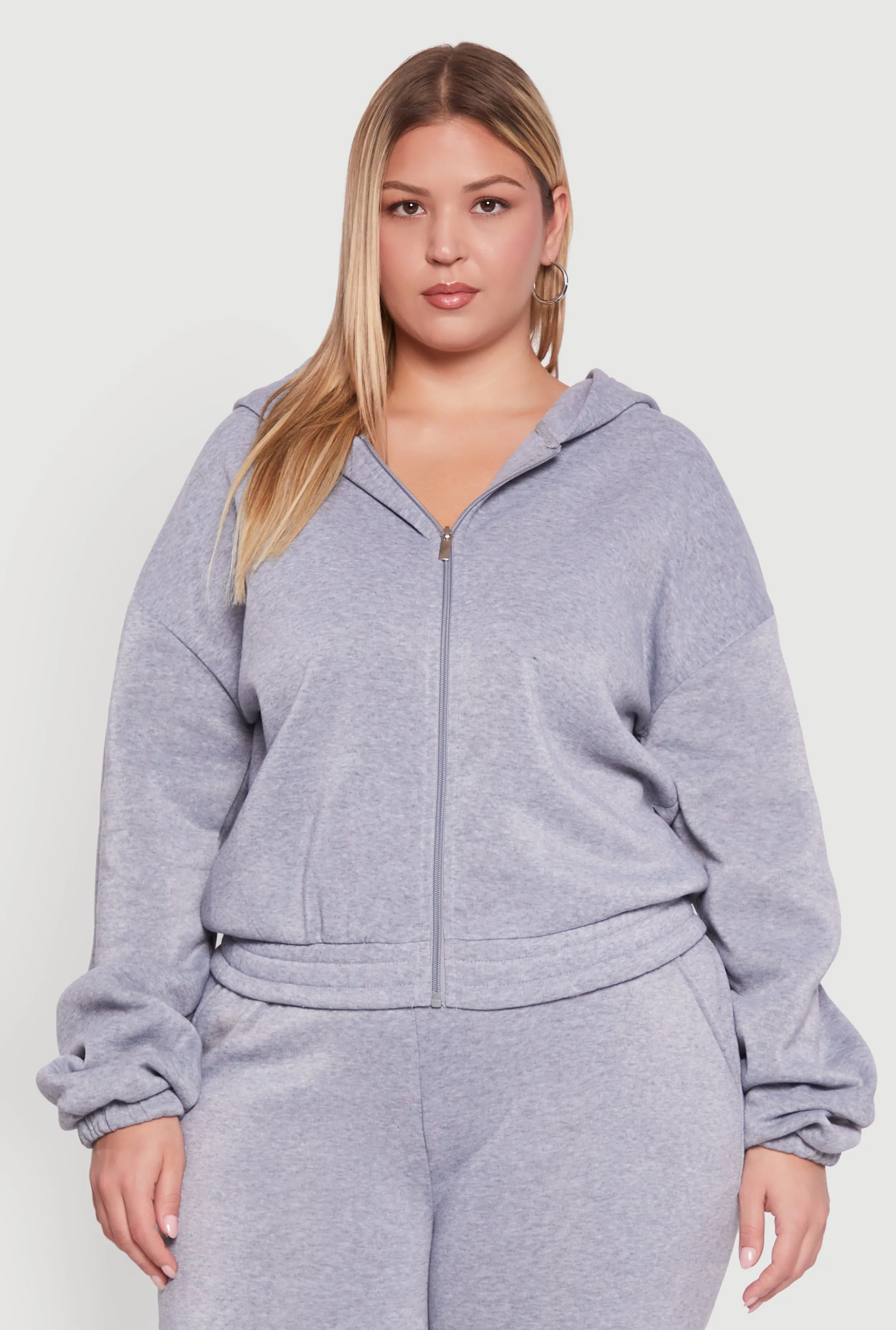 Plus Size Long Sleeve Zip Front Elastic Hem Hoodie sold by Rainbow