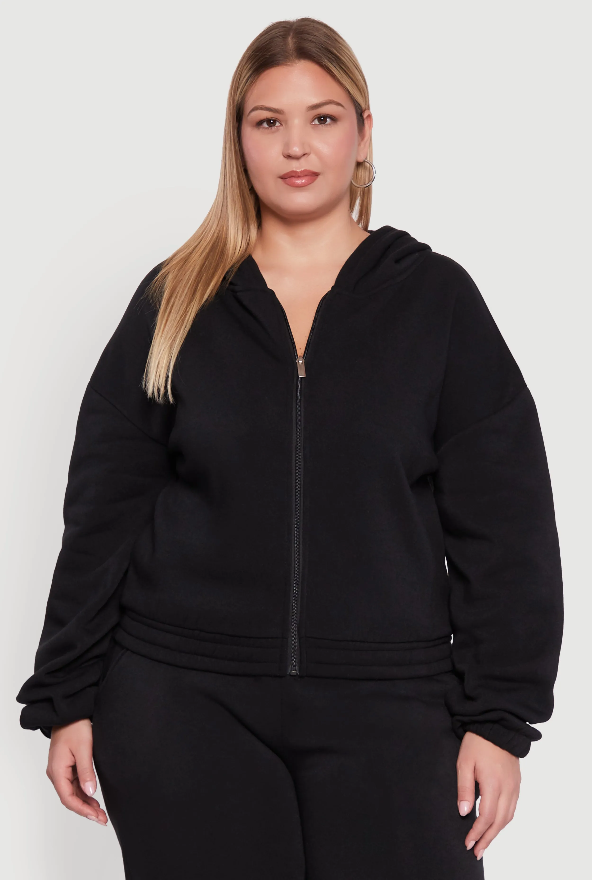 Plus Size Long Sleeve Zip Front Elastic Hem Hoodie sold by Rainbow