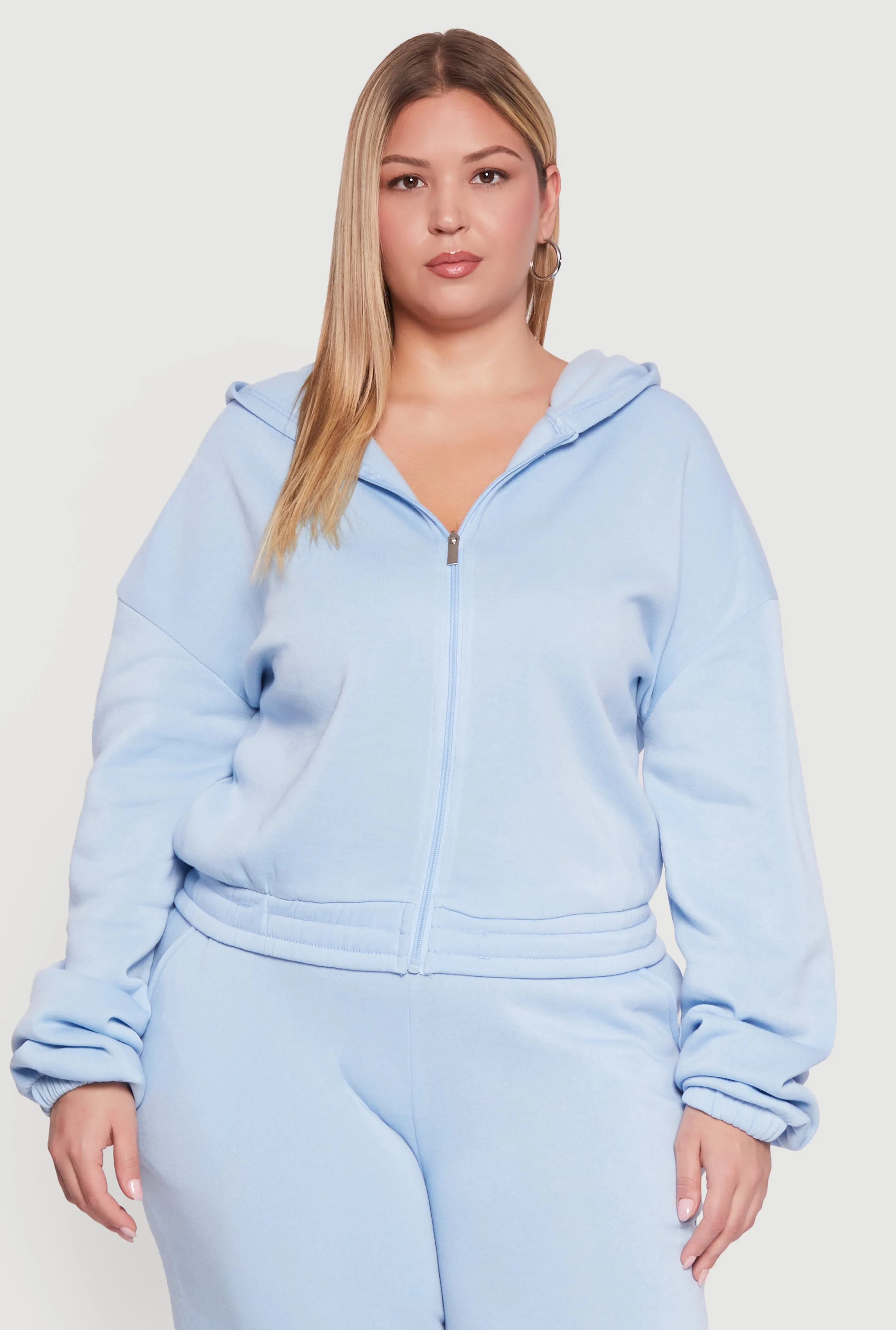 Plus Size Long Sleeve Zip Front Elastic Hem Hoodie sold by Rainbow
