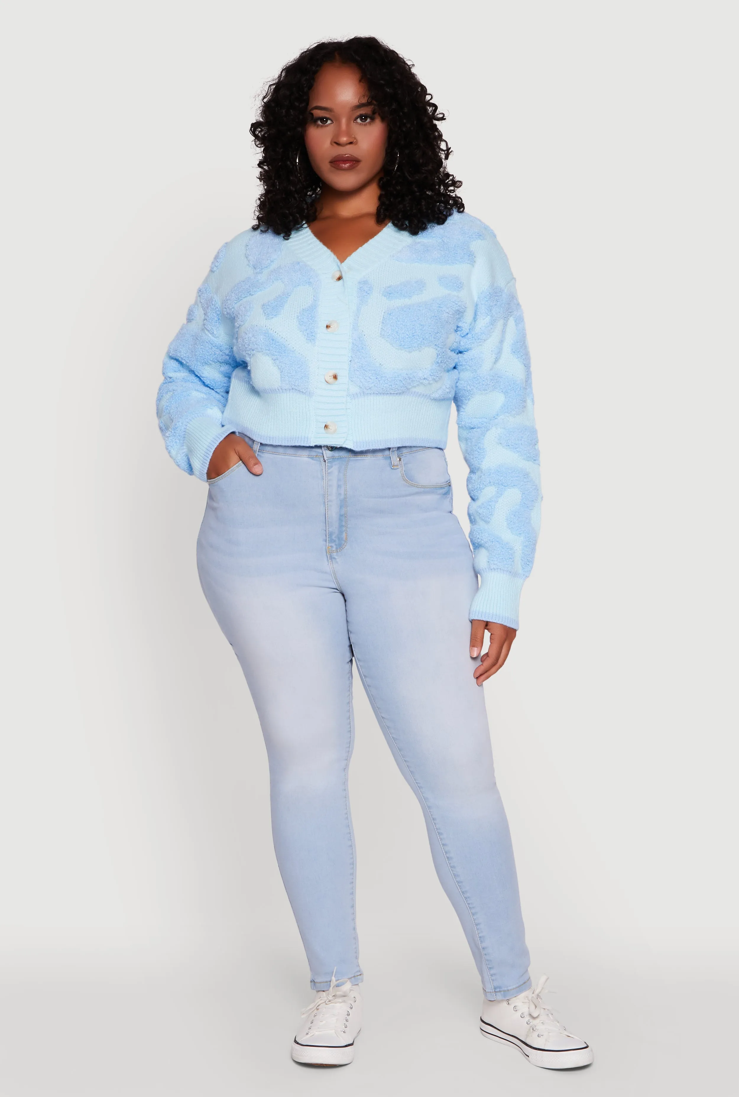 Plus Size Tufted Knit Button Front Cropped Cardigan sold by Rainbow