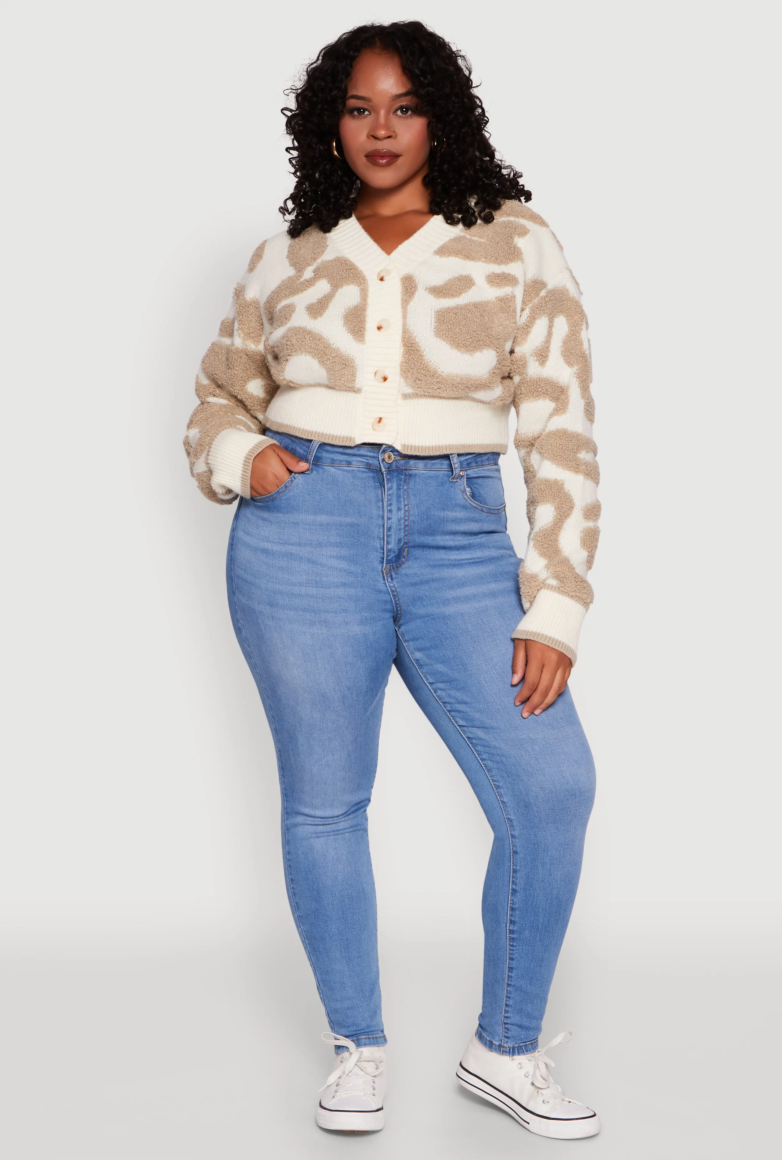 Plus Size Tufted Knit Button Front Cropped Cardigan sold by Rainbow product image thumbnail 3
