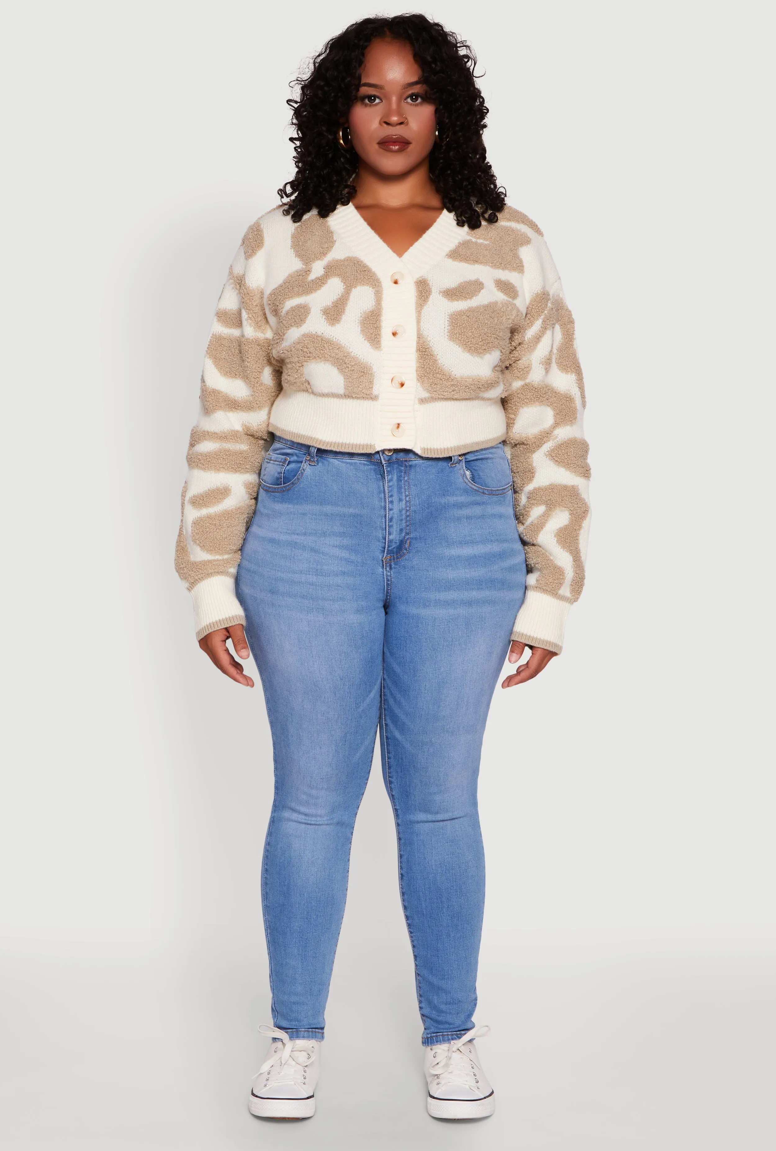 Plus Size Tufted Knit Button Front Cropped Cardigan sold by Rainbow