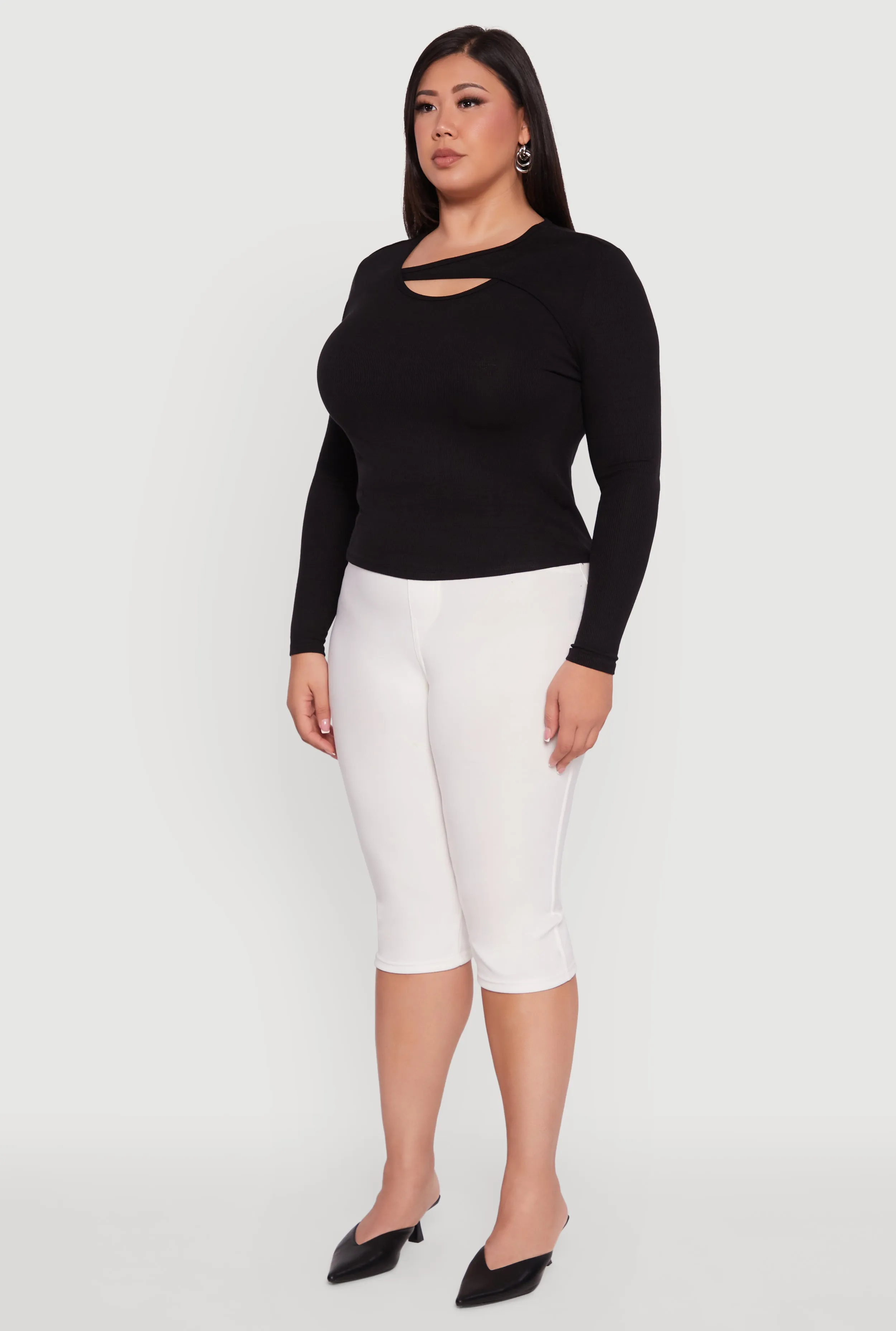 Plus Size Ribbed Knit Keyhole Long Sleeve Tee sold by Rainbow product image thumbnail 5