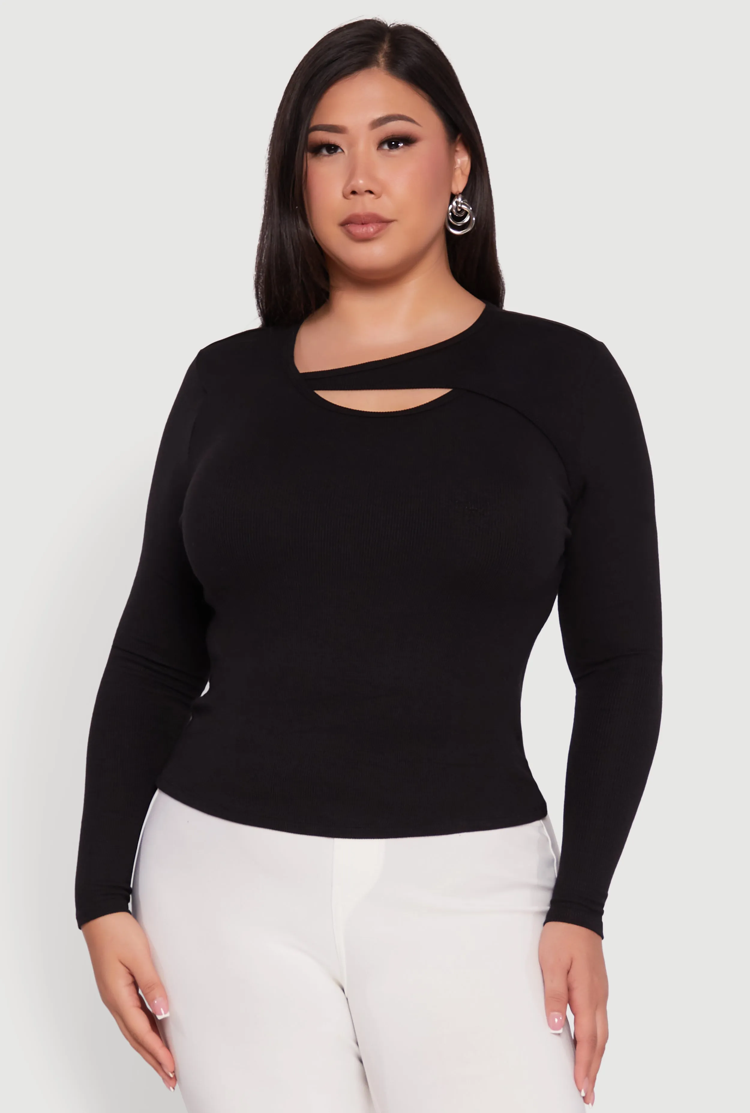 Plus Size Ribbed Knit Keyhole Long Sleeve Tee sold by Rainbow product image thumbnail 2